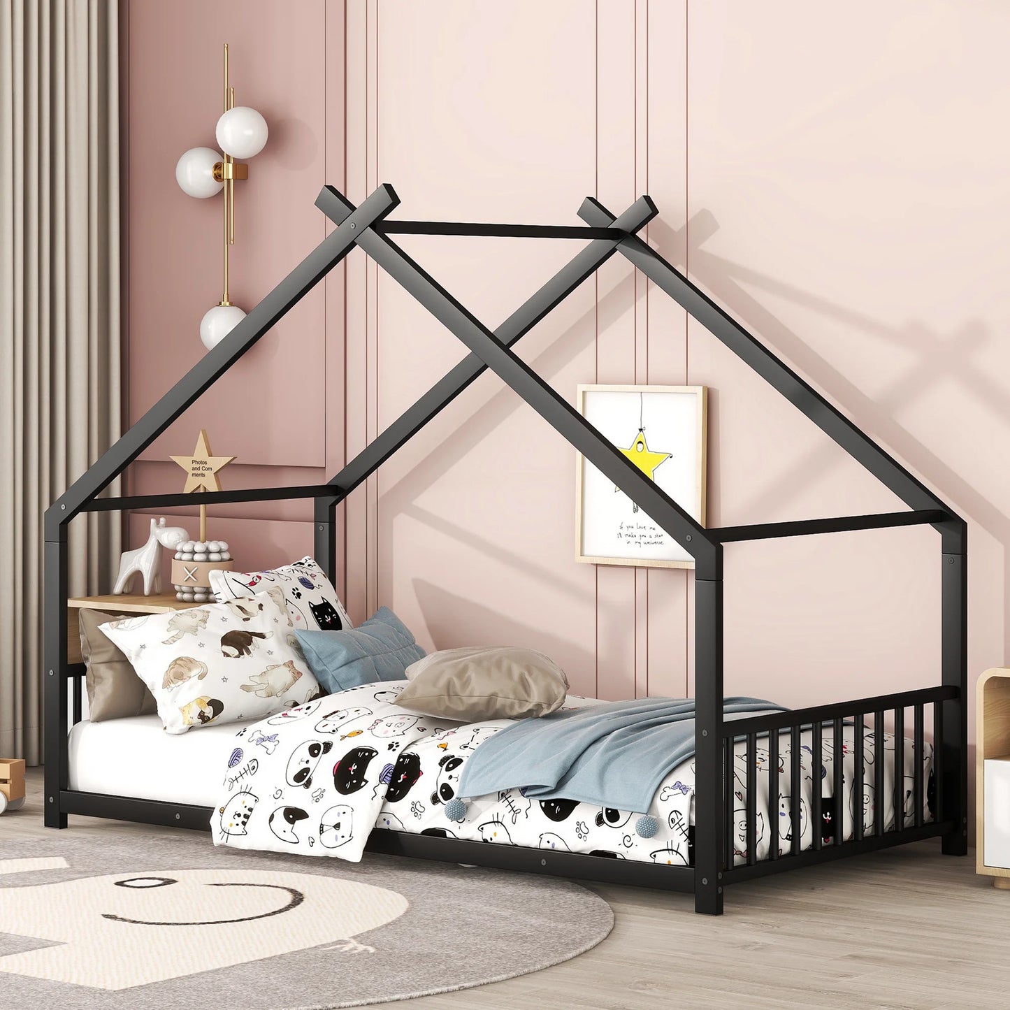 Twin House Bed with Roof and Chimney, Kids Floor House Bed Frame, Box Spring Needed, Easy Assembly, White