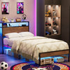 Sesslife Twin Size Bed Frame with Fabric Upholstered Storage Headboard and Charging Station, LED Metal Platform Bed with Headboard and Footboard RGB Lights, No Box Spring Needed, Noise Free, Gray