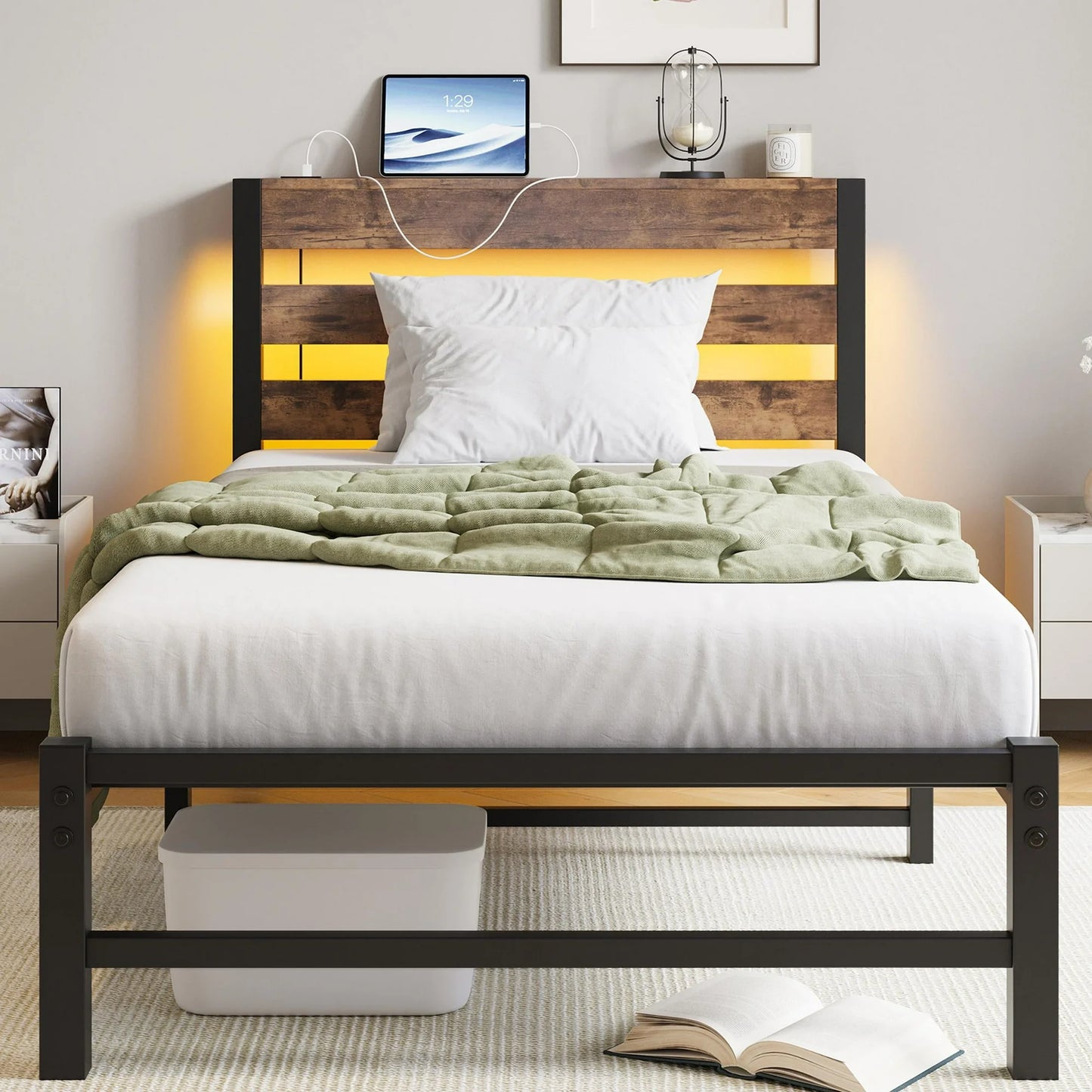 ENYOPRO Black Twin Metal Bed Frame with LED Light, Platform Bed w/ Wood Headboard, Adults Modern Bed Frame, No Box Spring Needed, Easy Assembly