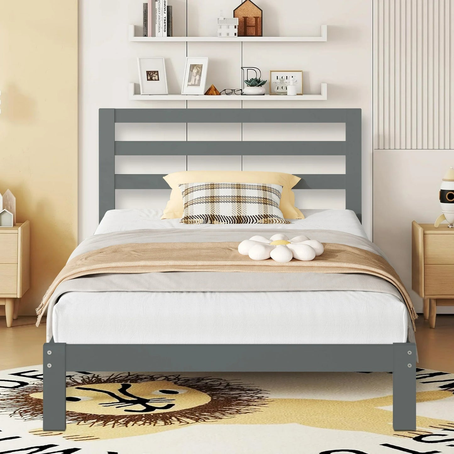 SESSLIFE Gray Twin Wood Bed Frame, Wood Platform Bed w/ Headboard, Adults Kids Modern Bed Frame, No Box Spring Needed, Easy Assembly