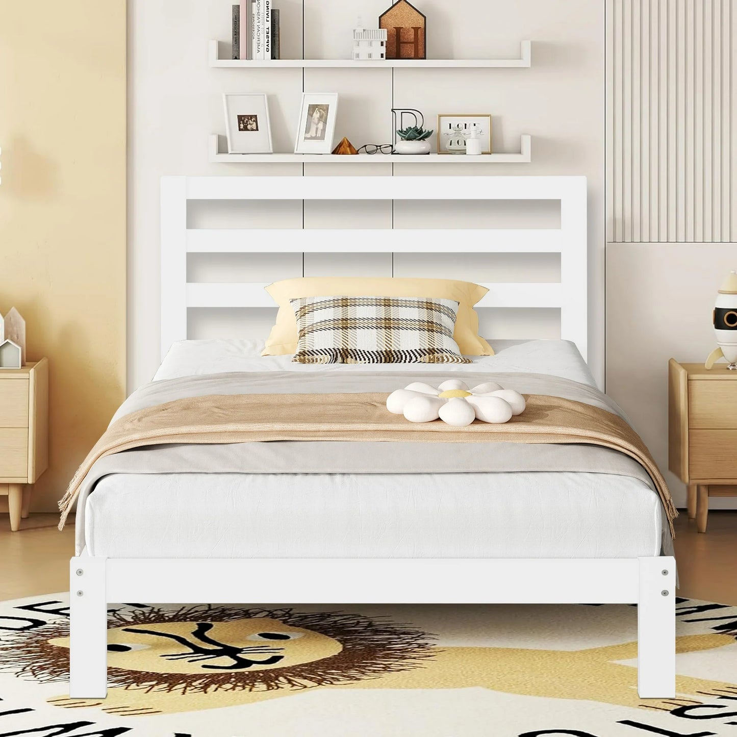SESSLIFE Gray Twin Wood Bed Frame, Wood Platform Bed w/ Headboard, Adults Kids Modern Bed Frame, No Box Spring Needed, Easy Assembly
