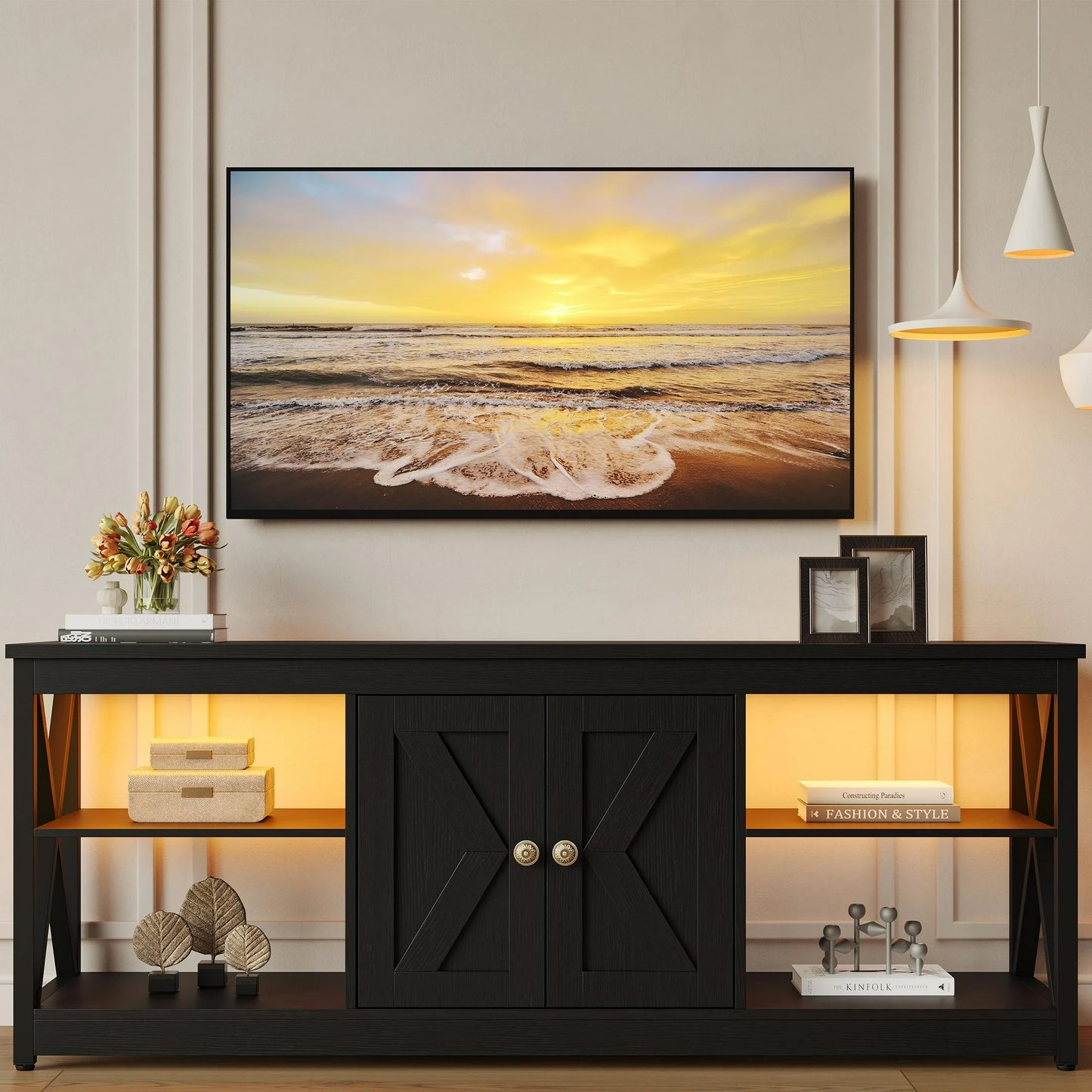 ENYOPRO White TV Stand for 65 Inch TV, Modern TV Cabinet with LED Light
