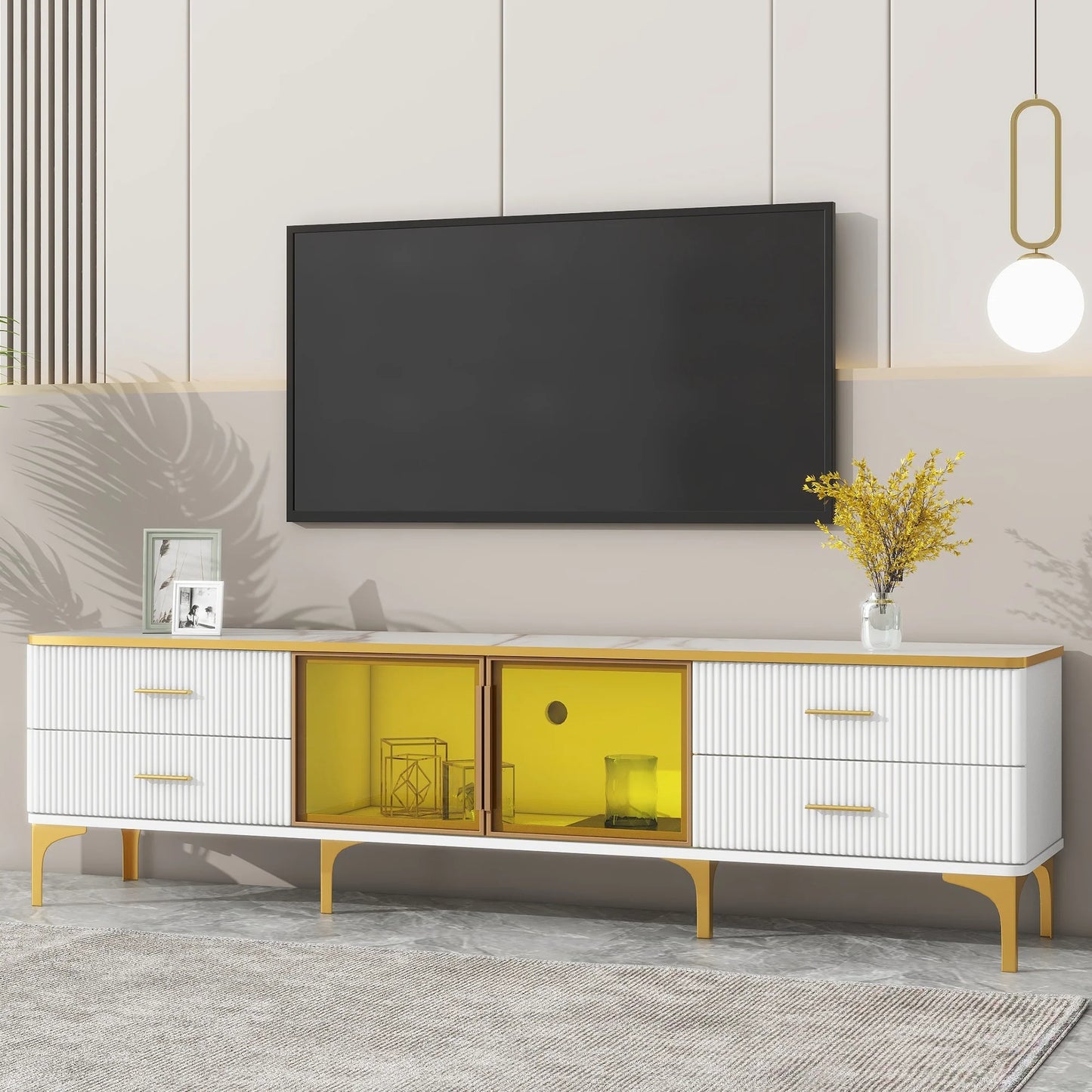 SESSLIFE TV Stand with Glass Doors for 75 Inch TV, TV Cabinet with LED Light, Modern Wood Entertainment Center, Black