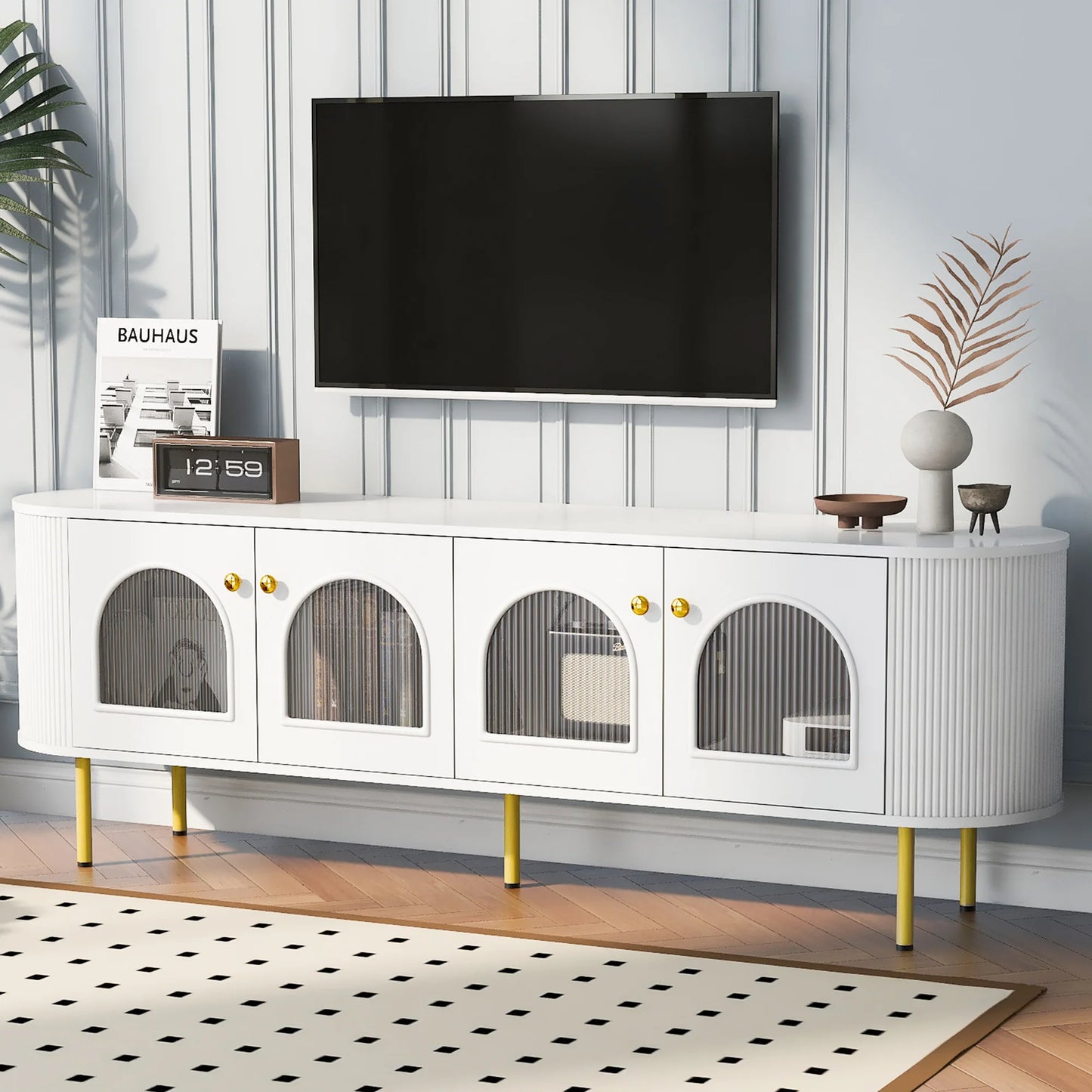 SESSLIFE Black TV Stand with 4 Cabinets for 80 Inch TV, Modern TV Cabinet with Metal Legs and Handles, Living Room Entertainment Center