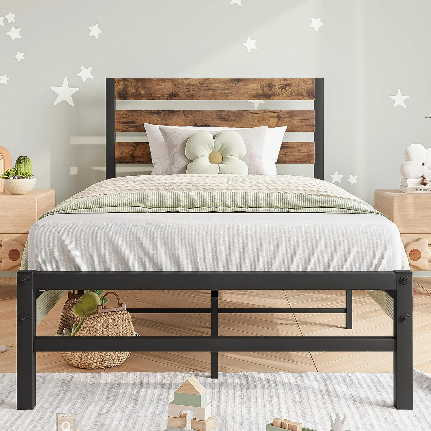 SESSLIFE Black Full Metal Bed Frame, High Metal Platform Bed w/ Wood Headboard, Adults Kids Modern Bed Frame, Mattress Foundation, No Box Spring Needed, Easy Assembly