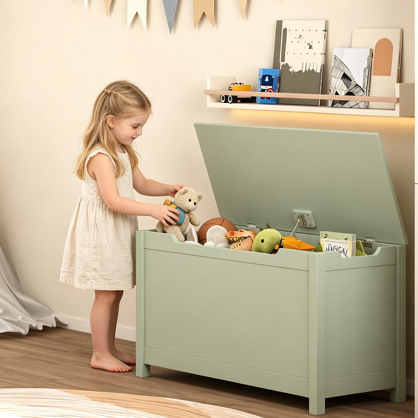 SESSLIFE Toy Storage Box with Lid, Wooden Toy Chest Seating Bench for Boys and Girls, Safety Hinged Storage Chest, Toy Organizer for Playroom Bedroom Entryway