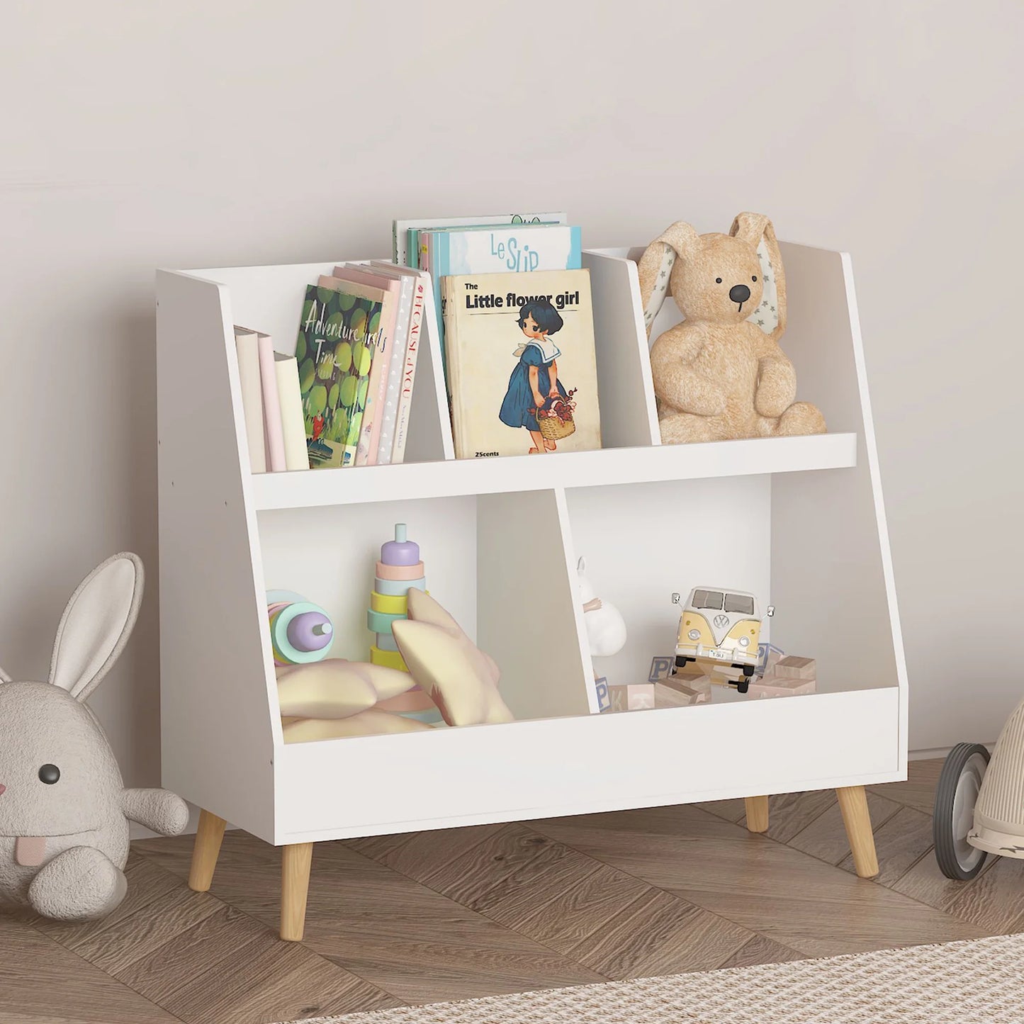 Sesslife 2-Tier Kids Bookshelf with Storage, Kids Bookcase with 2 Storage Cabinets, Toy Storage Cabinet Organizer with Display Stand, Nursery Book Shelves for Bedroom Playroom Kids Room, White