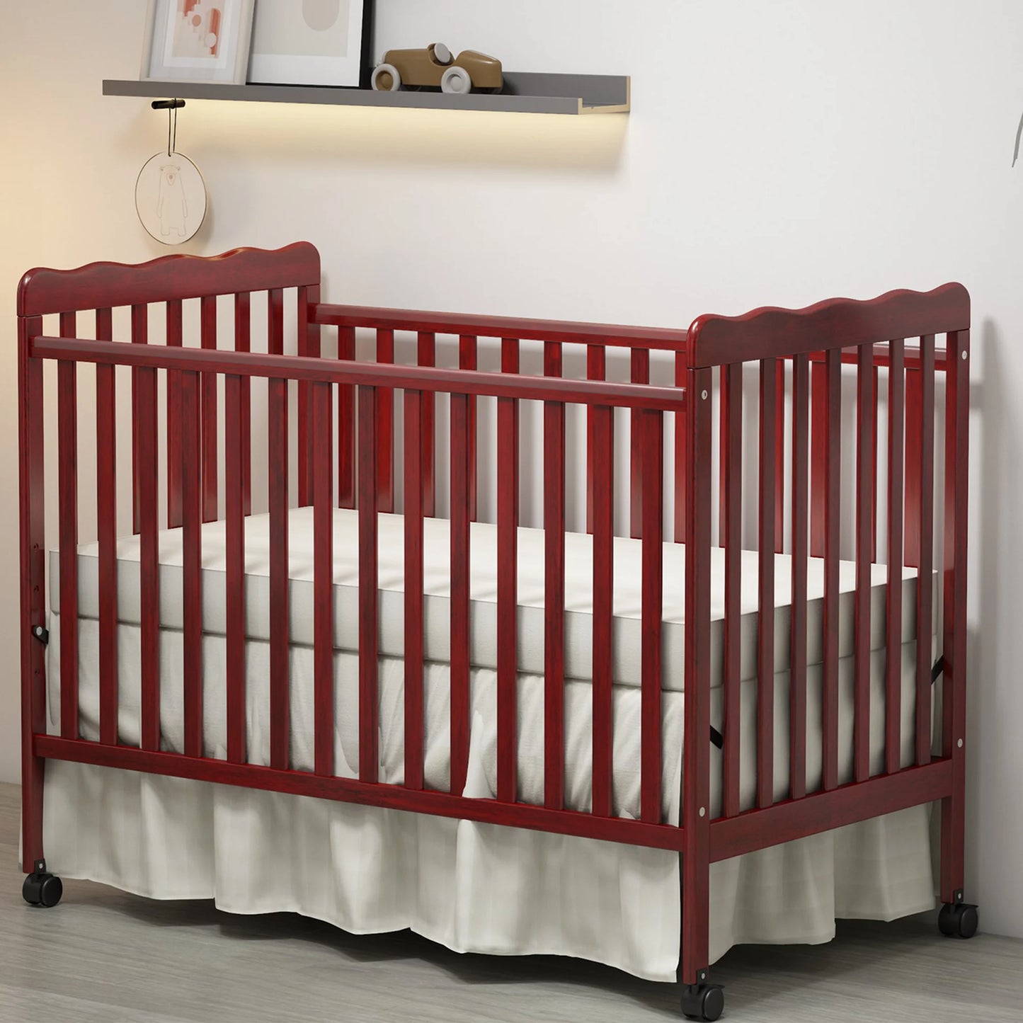Sesslife 3-In-1 Convertible Crib, Baby Bed with Locking Wheels, Converts from Baby Crib to Toddler Bed, Fits Standard Full-Size Crib Mattress, Easy to Assemble(Cherry)