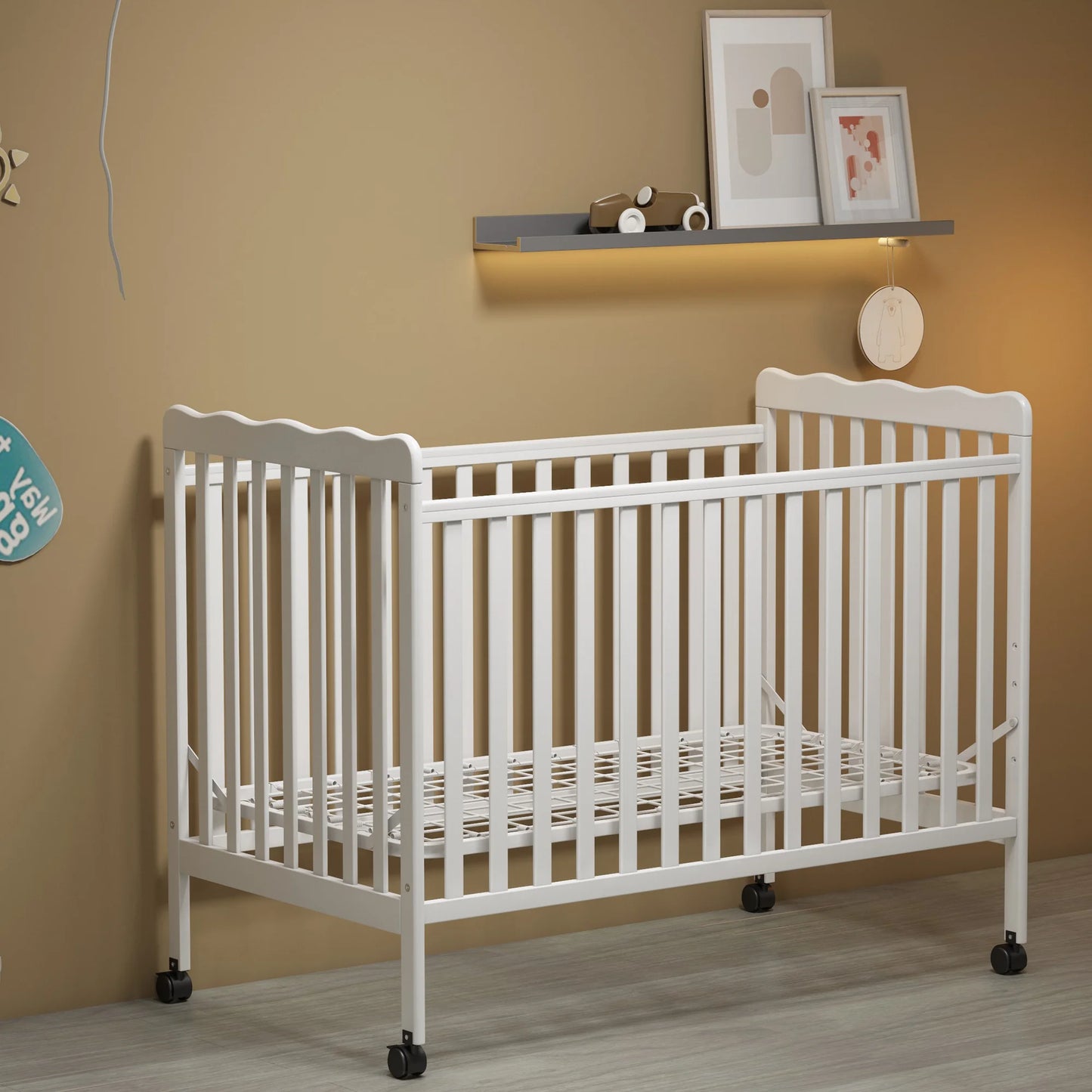 Sesslife 3-In-1 Convertible Crib, Baby Bed with Locking Wheels, Converts from Baby Crib to Toddler Bed, Fits Standard Full-Size Crib Mattress, Easy to Assemble(Cherry)