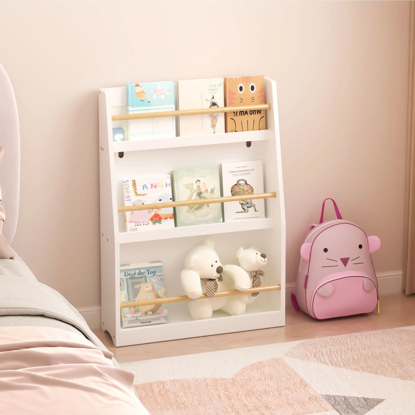 Sesslife 3-Tier Kids Bookshelf and Toy Storage, Wooden Freestanding Nursery Book Shelves with Display Stand for Boys Girls, Sturdy Kids Toy Storage Organizer for Bedroom Playroom Kids Room, White