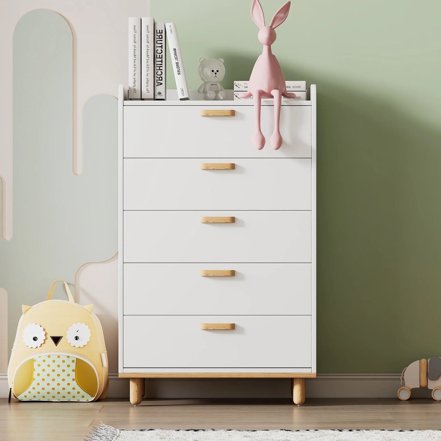 Sesslife 5 Drawer Dresser, Modern Freestanding Chest of Drawers for Kids, Wooden Storage Cabinet for Kid's Room, Dresser Organizer Unit for Living Room, Closet, Hallway, Nursery, White