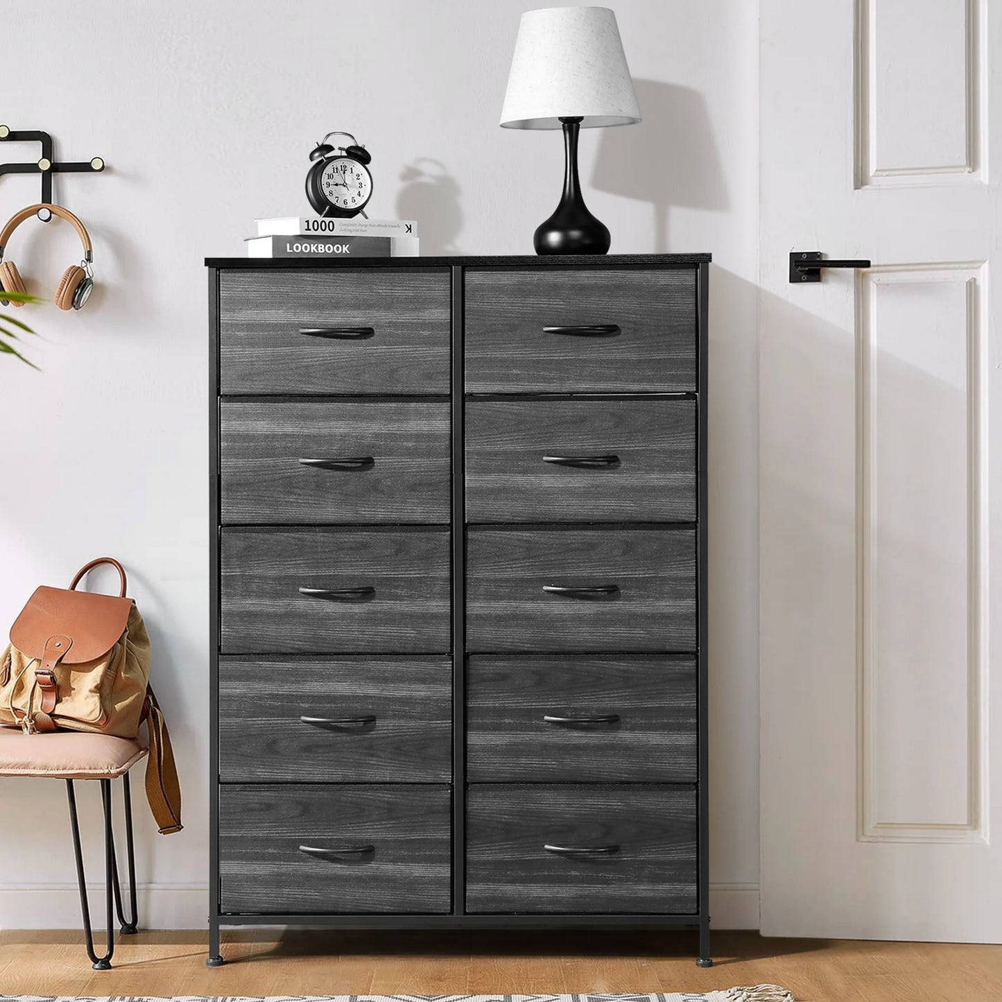 Sesslife 10 Drawers Fabric Dresser, Clothes Cabinet Storage Organizers, Fabric Dresser for Kids and Adults, Chest of Drawers with Steel Frame and Wooden Top for Bedroom, Living Room, Hallway