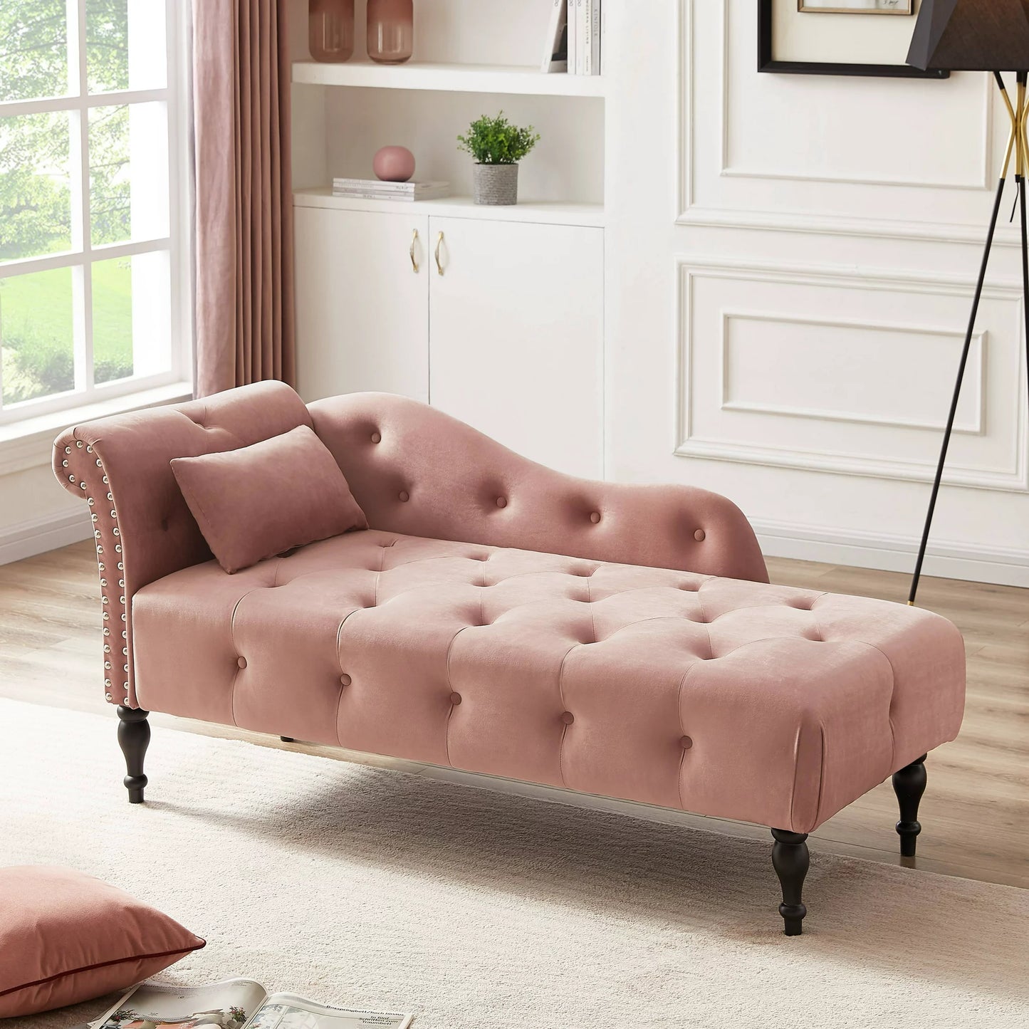 Sesslife 60.6" Velvet Chaise, Left Arm Design Lounge Sofa, Reclining Chair Solid Wood Legs with 1 Pillow for Living Room Bedroom Apartment(Pink)