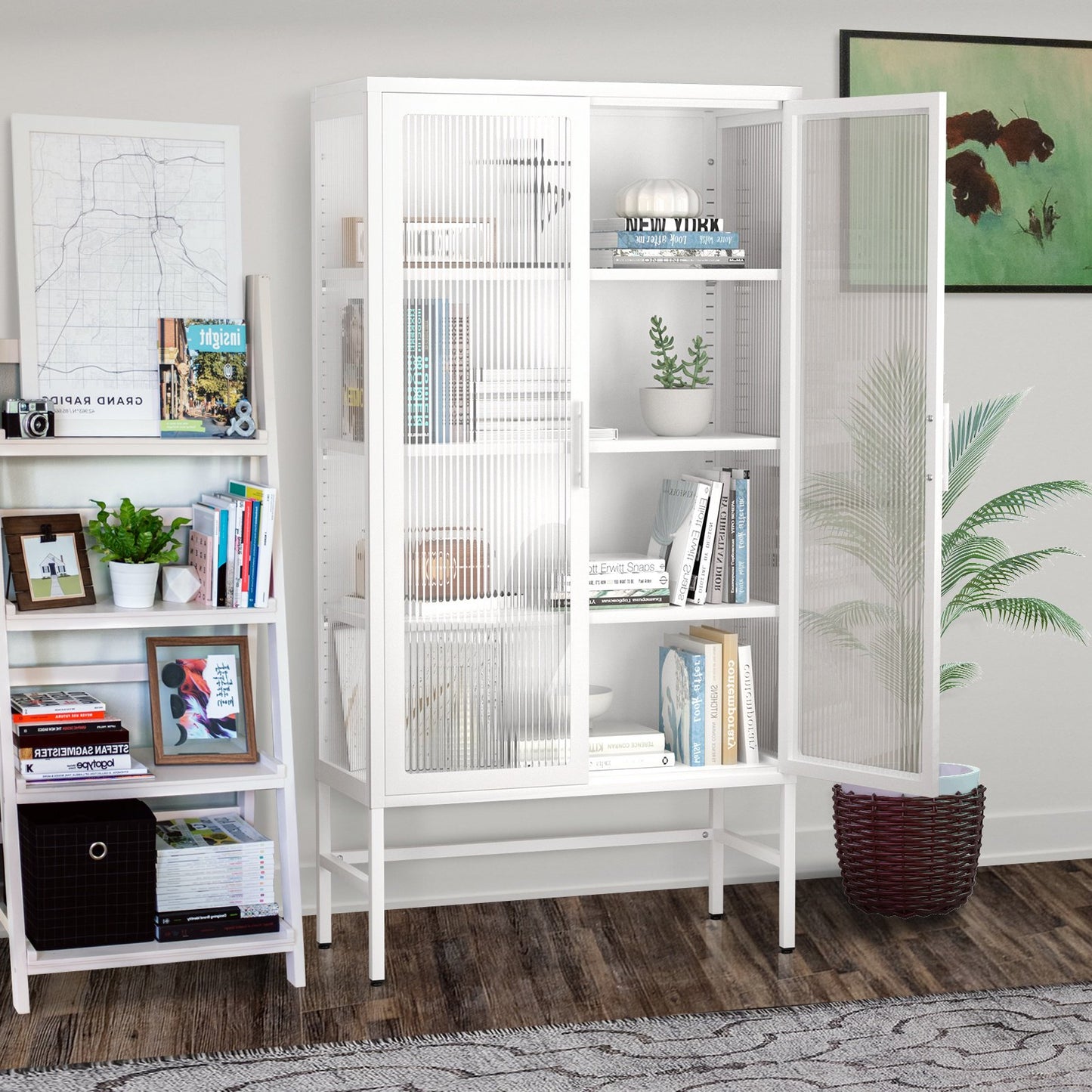 Sesslife 61" Kitchen Pantry Cabinet, 4-Layer Storage Cabinet with Adjustable Shelves and Feet, Freestanding Hutch with Double Glass Door, Tall Steel Sideboard Furniture for Kitchen Dining Room, Black