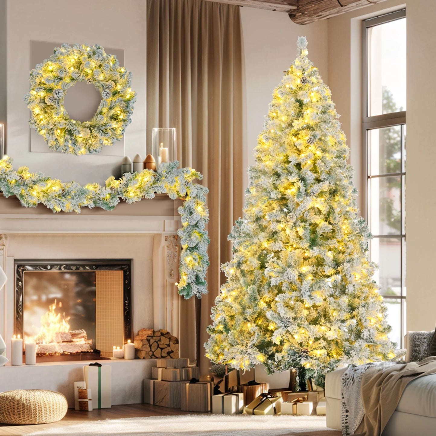 Sesslife 6FT Snow Flocked Christmas Tree Set with Pine Cones and LED Lights, Pre-Lit Snow Flocked Xmas Tree with Garland & Wreath, Artificial Flocking Spray White Tree for Holiday Decor, Green