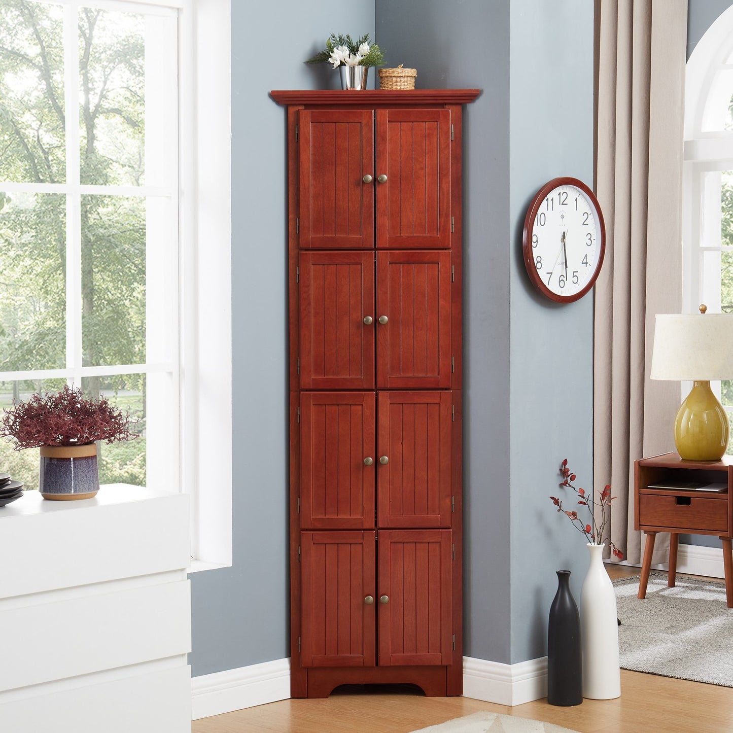 Sesslife 72" Farmhouse Corner Kitchen Pantry Cabinet, Freestanding 4 Layers Storage Cabinet with 8 Doors and 4 Shelves, Wooden Corner Cabinet for Kitchen, Dining Room, Bathroom, Living Room, Cherry