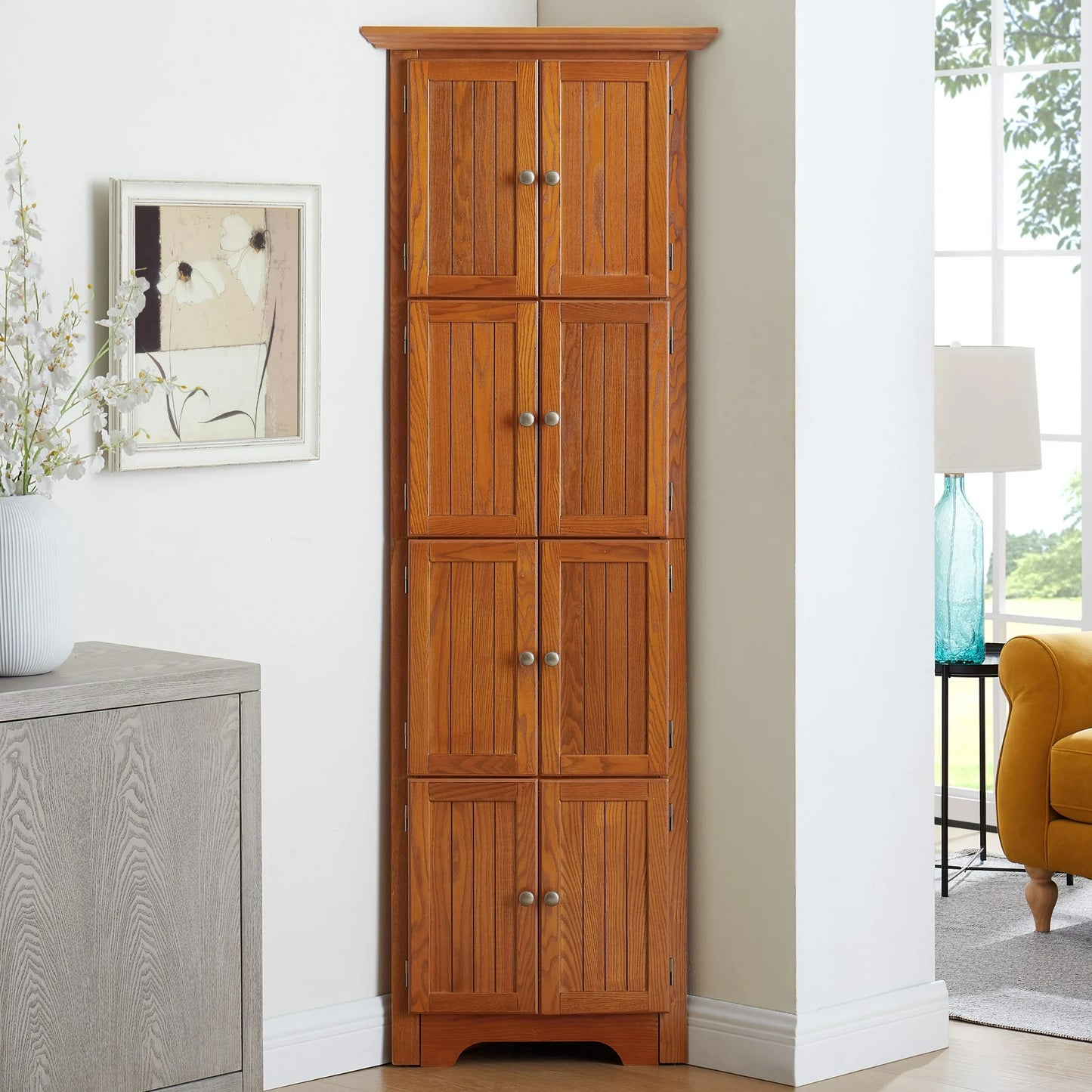 Sesslife 72" Farmhouse Corner Kitchen Pantry Cabinet, Freestanding 4 Layers Storage Cabinet with 8 Doors and 4 Shelves, Wooden Corner Cabinet for Kitchen, Dining Room, Bathroom, Living Room, Oak