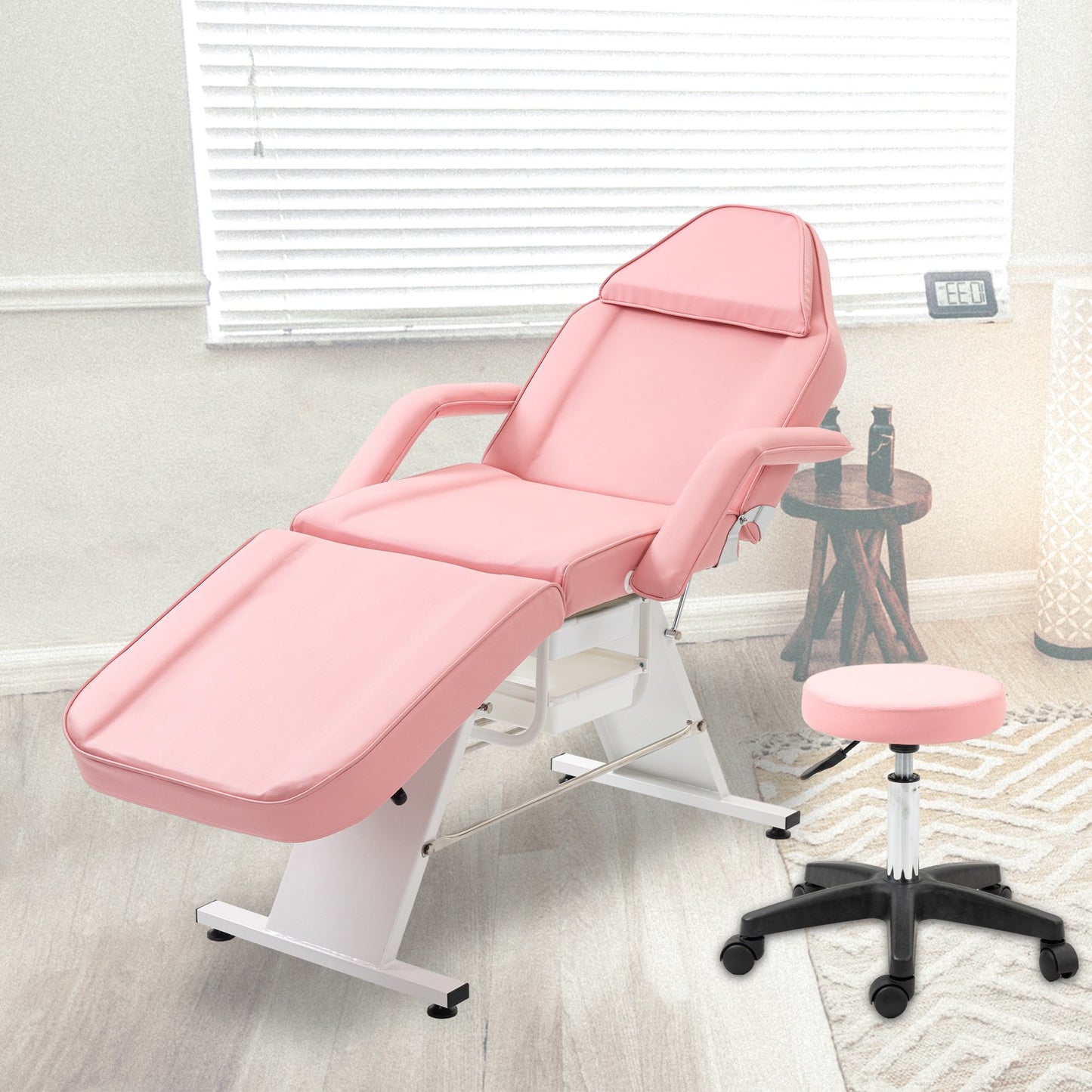 Sesslife 73" 3-Section Massage Table with Swivel Stool, Adjustable Tattoo Chair Esthetician Bed with 2 Trays, Modern Spa Salon Facial Bed, Comfy Beauty Massage Table Chair, Steady Metal Frame, Pink