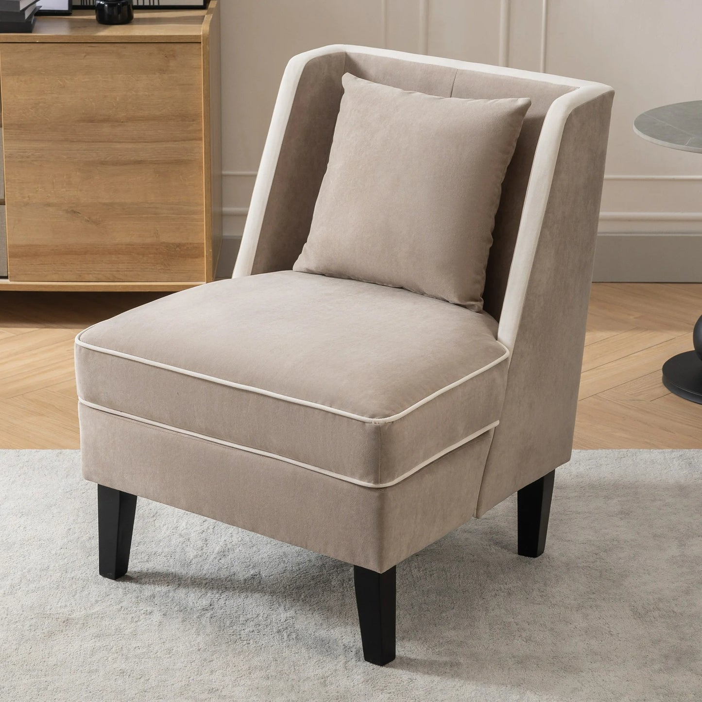 Sesslife Accent Chair with Back Pillow, Modern Armless Single Sofa Chair with Padded Sponge Seats, Soft Velvet Upholstered Reading Side Chair Solid Wood Legs for Living Room, Bedroom, Cream