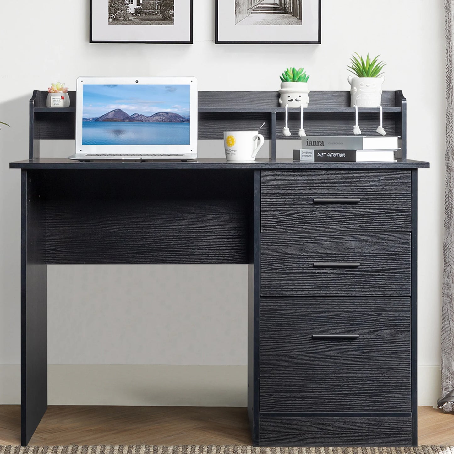 Sesslife Pink Computer Desk, Writing Desk with Lockable Wheels,Modern Wood Study Desk with 4 Drawers for Home Office Workstation