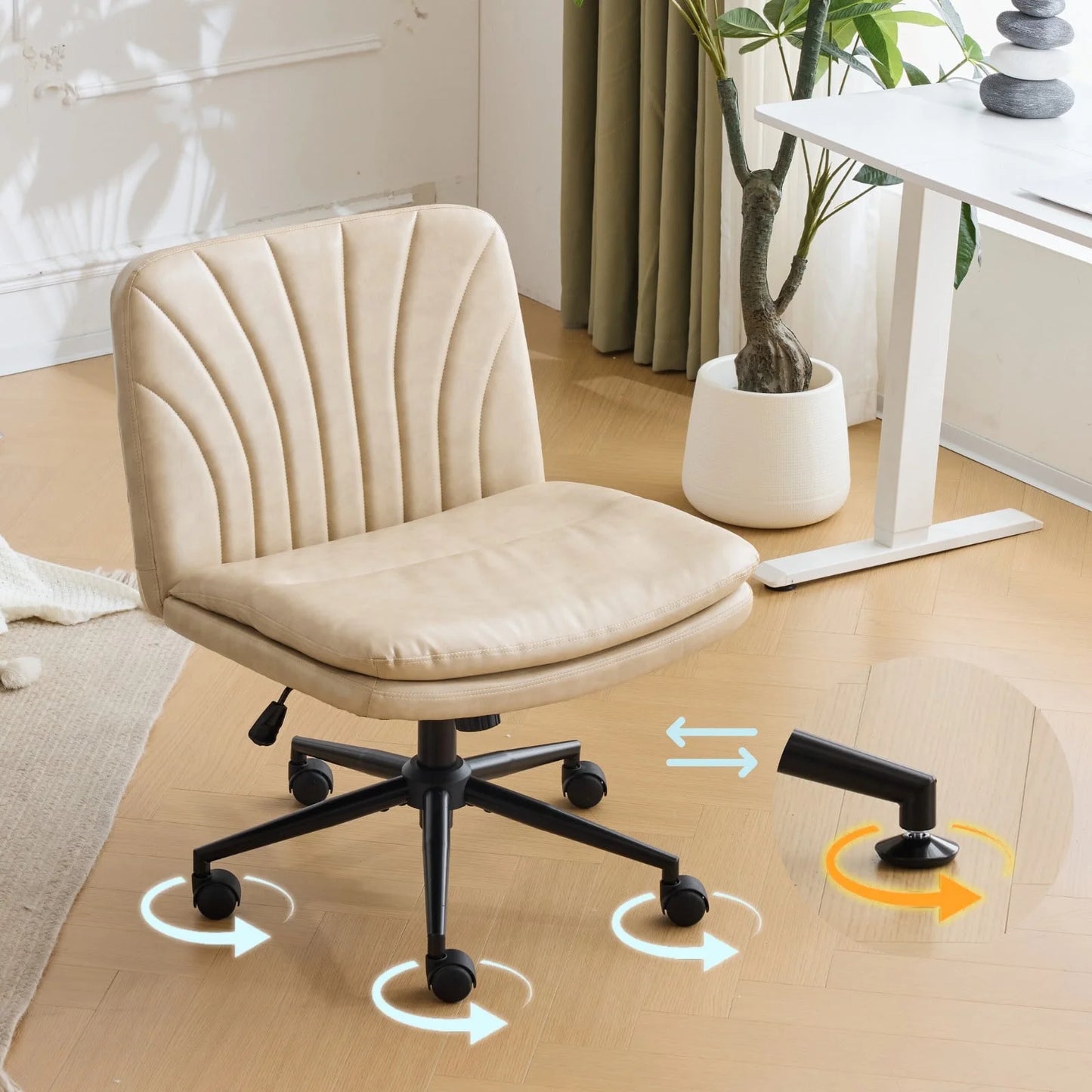 Sesslife Armless Cross Legged Office Chair with Caster, Comfy Upholstered Home Office Desk Chair, Modern Adjustable Swivel PU Leather Vanity Task Computer Chair for Office Home Bedroom, Gray