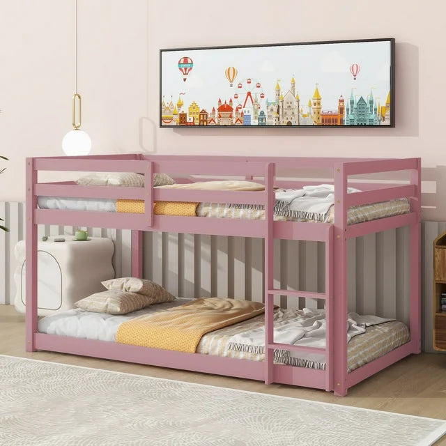 Sesslife Twin Over Twin Bunk Bed with Ladder, Solid Wood Floor Bunk Bed Frame with Slat & Guardrail, Espresso Platform Bed for Boys Girls Bedroom