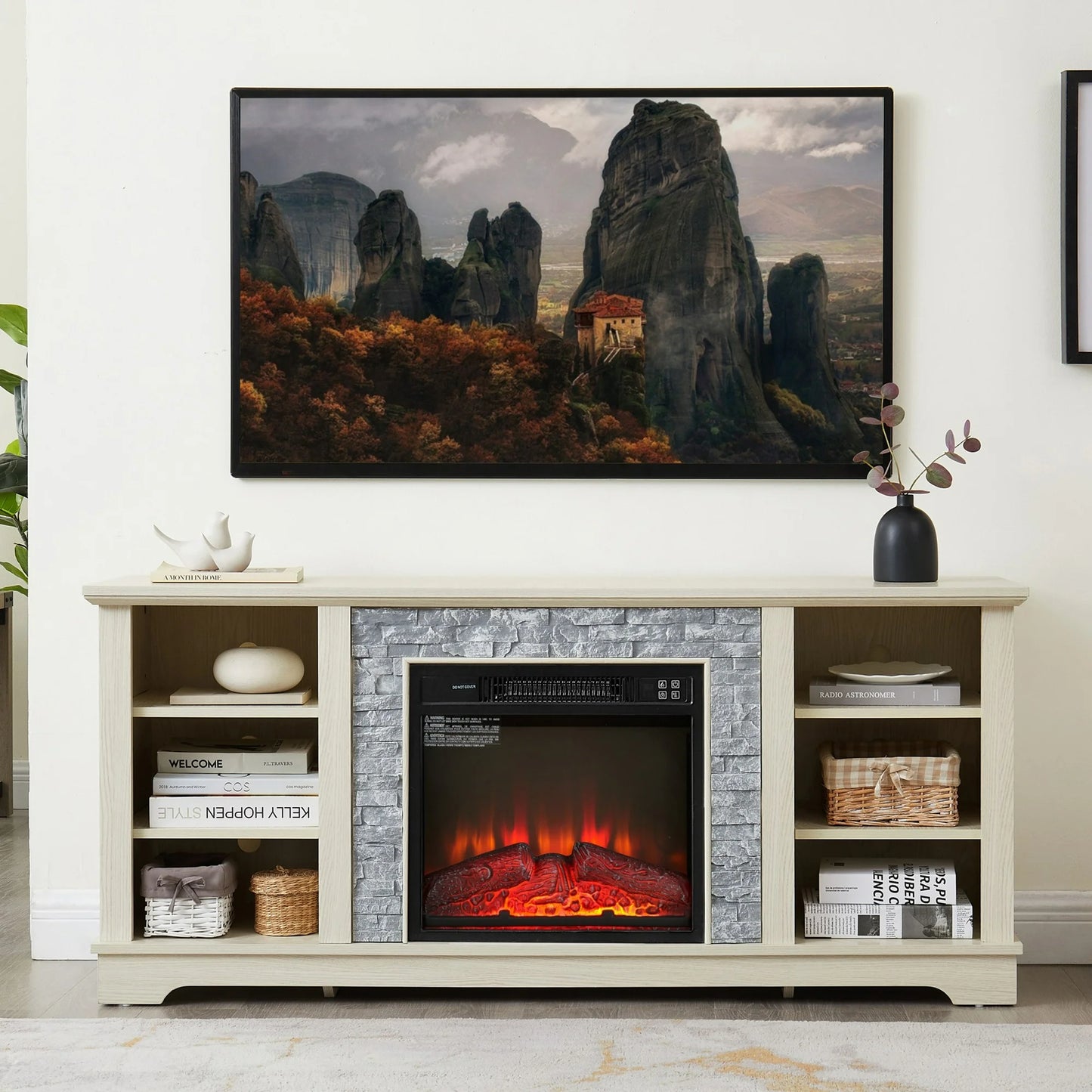 Sesslife Fireplace TV Stand for TVs up to 65", Farmhouse Media Entertainment Center with Faux Stacked Stone Surrounded for Living Room, Wood TV Console Table with Open Storage Shelves, Cherry