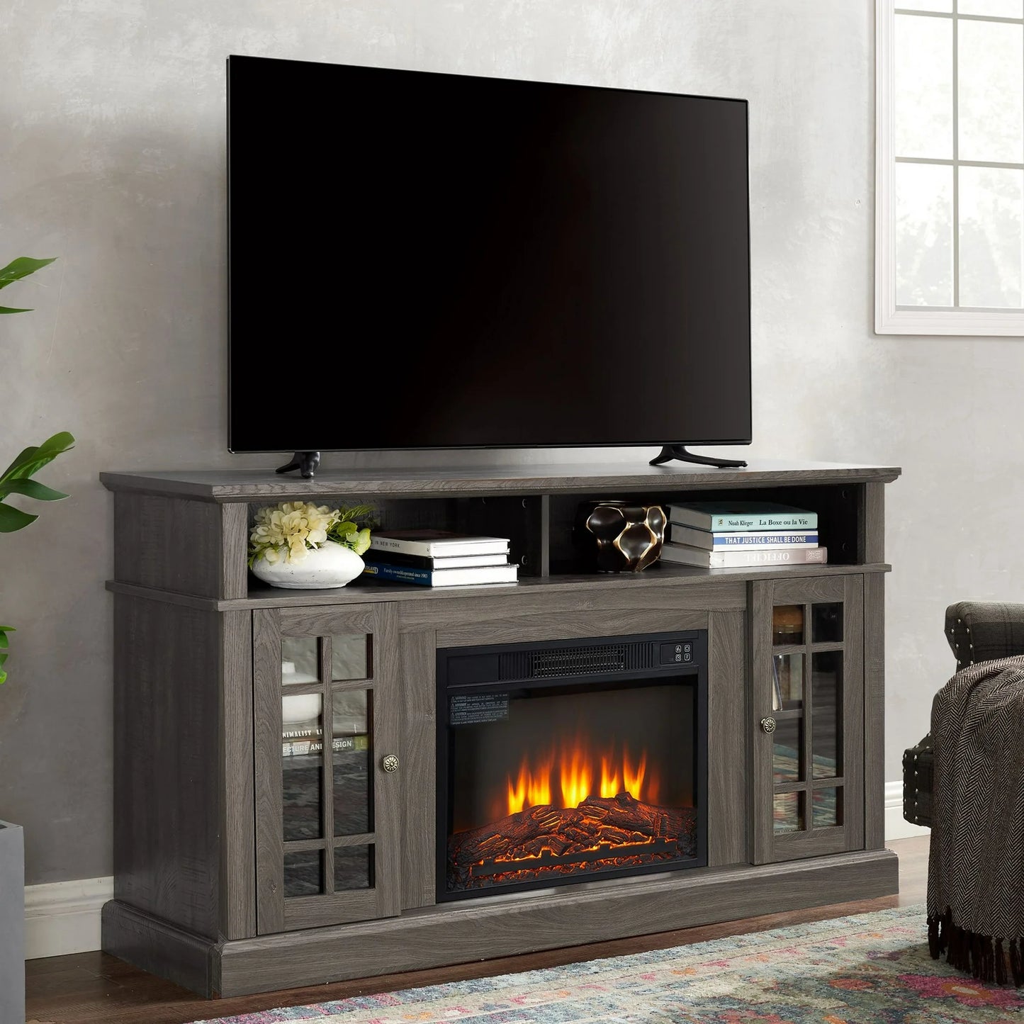 Sesslife Electric Fireplace TV Stand with Remote Control for 65 Inch TV, Farmhouse TV Console Table with Open Storage Shelves & 2 Cabinets, Wooden Media Entertainment Center for Living Room, Espresso