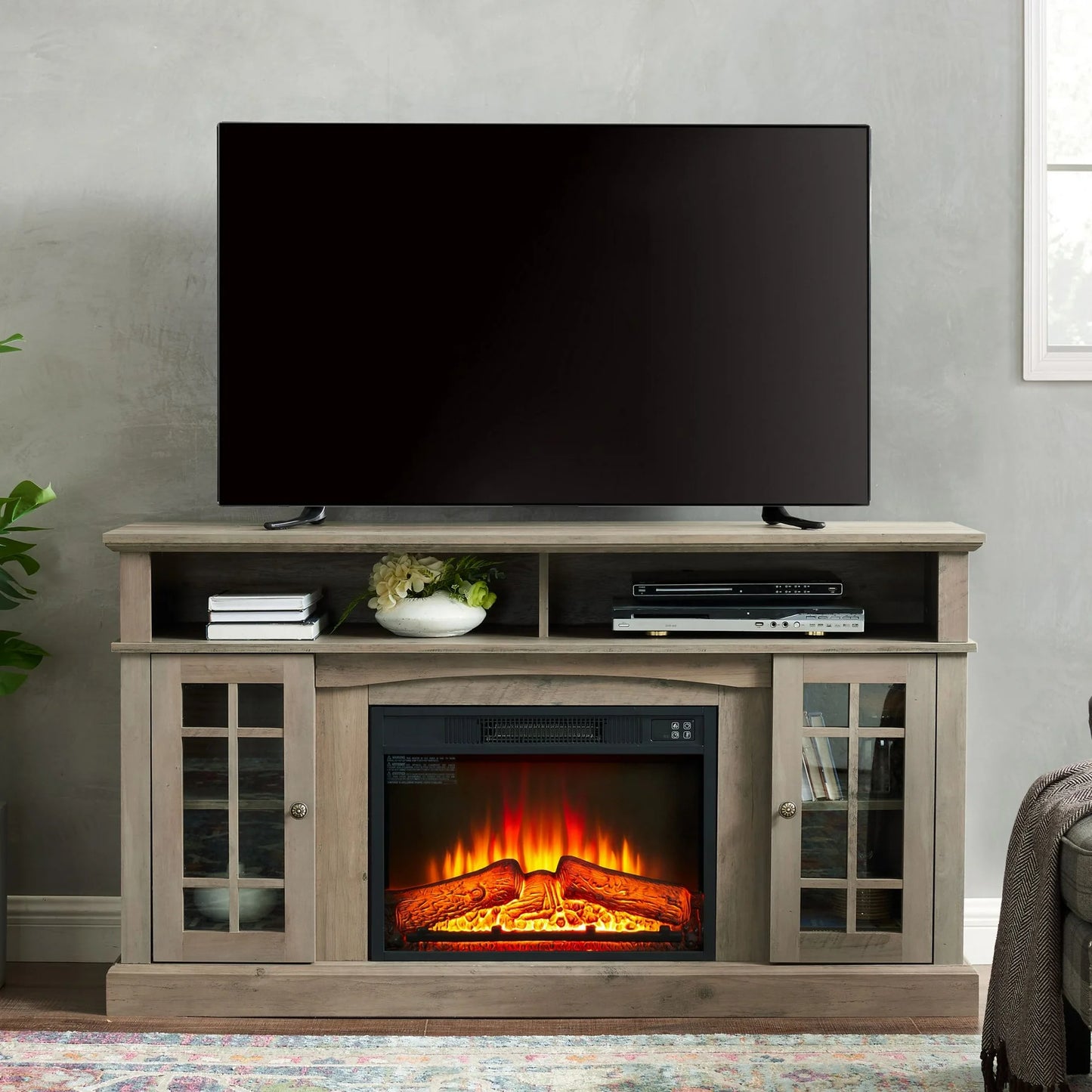 Sesslife Electric Fireplace TV Stand with Remote Control for 65 Inch TV, Farmhouse TV Console Table with Open Storage Shelves & 2 Cabinets, Wooden Media Entertainment Center for Living Room, Cherry
