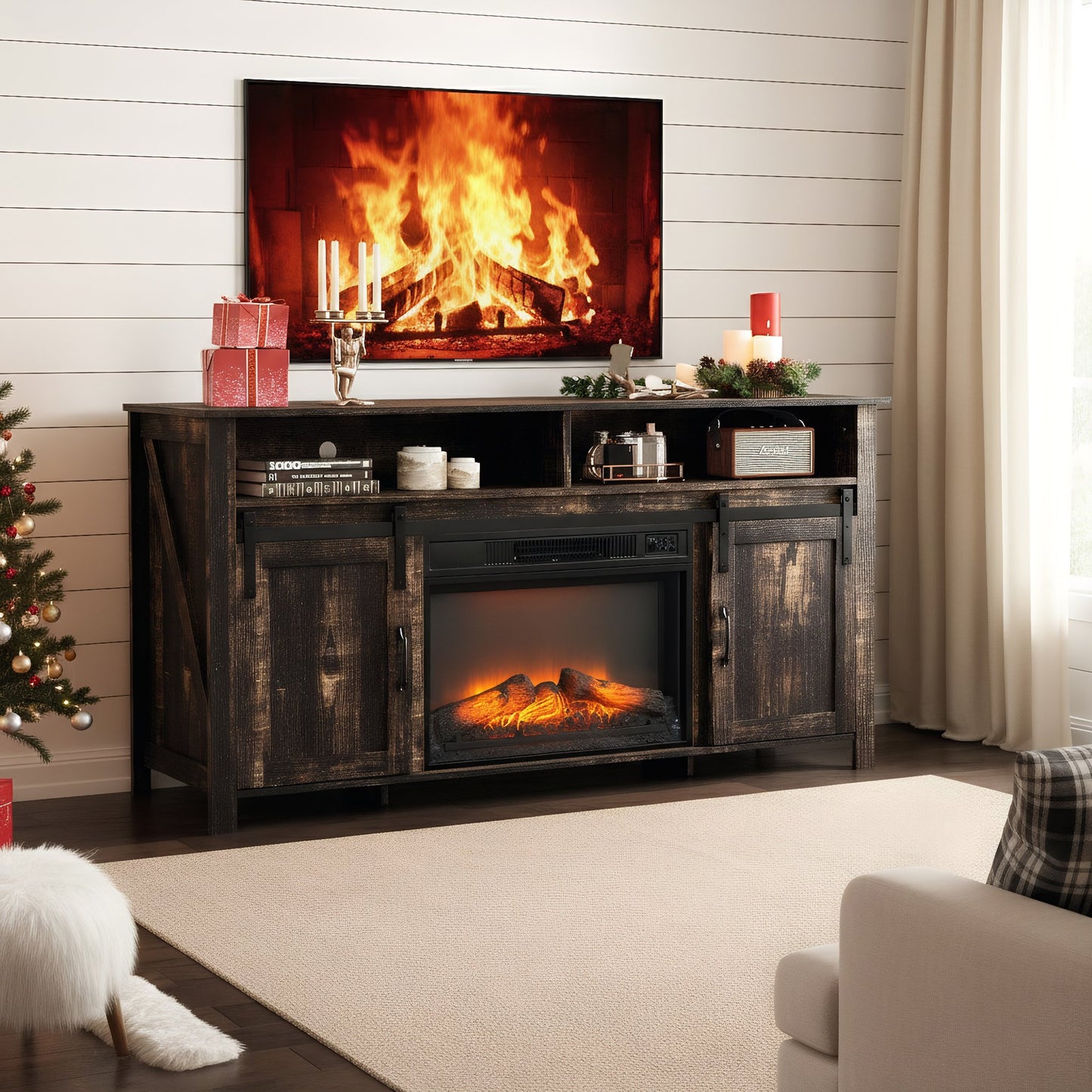 Sesslife Fireplace TV Stand for 65" TVs, Farmhouse TV Console Table with 2 Sliding Barn Doors, Entertainment Center TV Cabinet with 23" Fireplace and Adjustable Shelves, Black Gold Oak