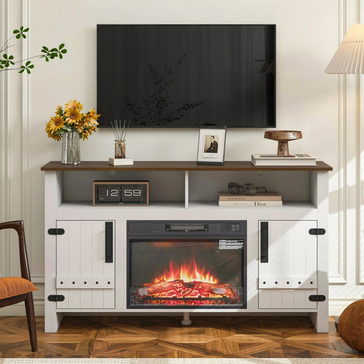 Sesslife Fireplace TV Stand for TV up to 60", Entertainment Center with Storage Cabinet and Shelves, 23'' Electric Fireplace with Adjustable Warmth for Living Room/Bedroom, Black