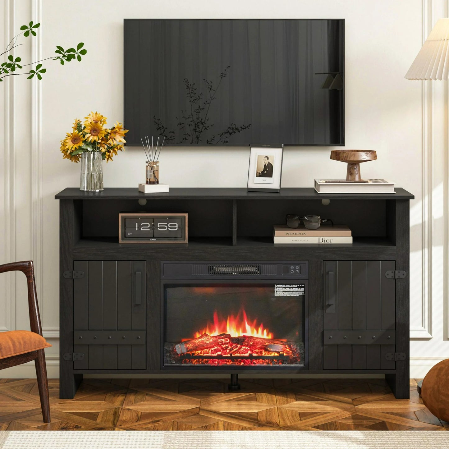 Sesslife Fireplace TV Stand for TV up to 60", Entertainment Center with Storage Cabinet and Shelves, 23'' Electric Fireplace with Adjustable Warmth for Living Room/Bedroom, Black