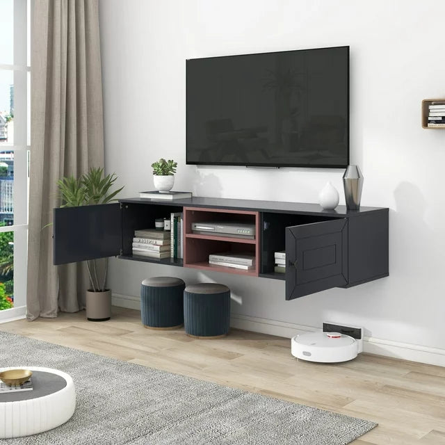 Sesslife Floating TV Stand Wall Mounted, Entertainment Center with Storage Cabinets, TV Stand for 65 Inch TV, Gaming Entertainment Center Console Table, Black