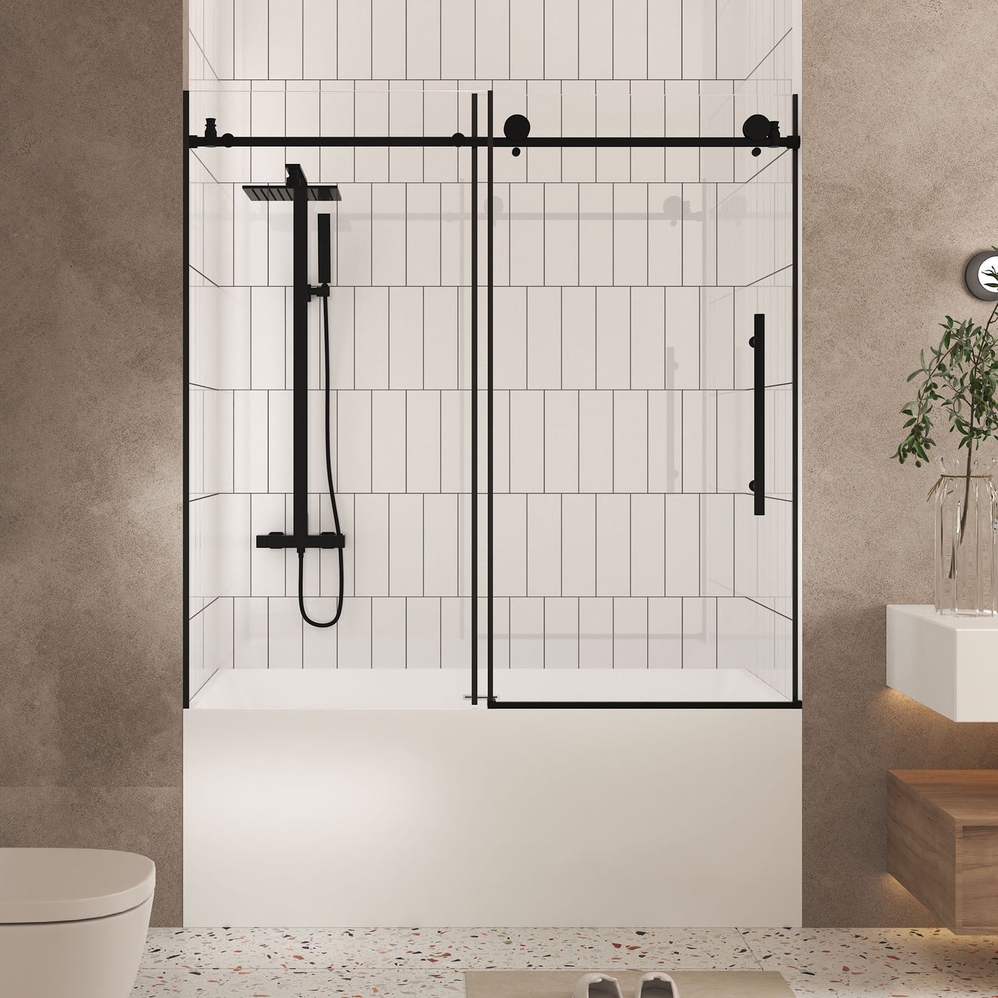 Sesslife Frameless Tub Door 60"W x 60"H, Sliding Shower Door with 1/4"(6 mm) Clear Tempered Glass, Bathtub Door with Stainless Steel Handle and Bottom Water Barrier Strip, Square Tube Track Designed
