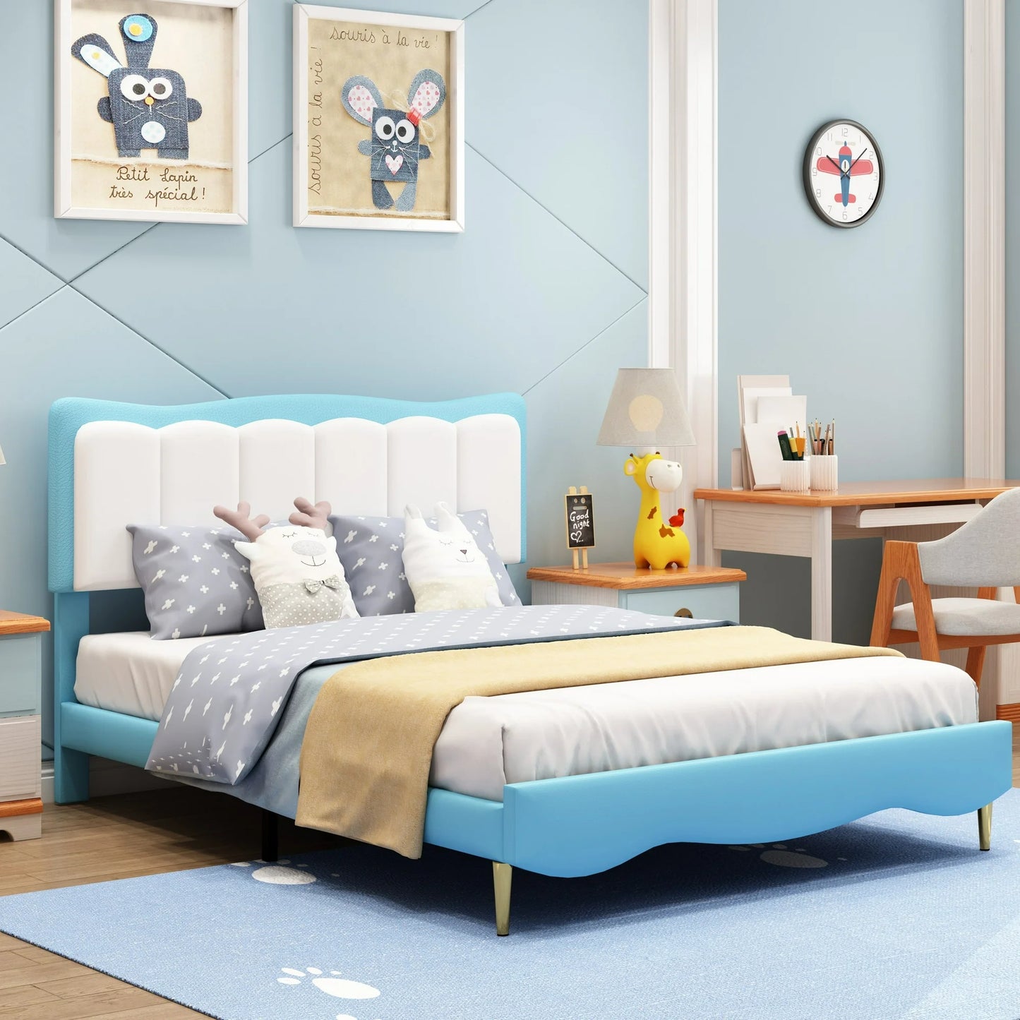 Sesslife Full Bed Frame with Adjustable Headboard, Modern Upholstered Platform Bed with Large Under Bed Storage, Cute Kids Bed Full Size with Strong Wood Slats Support, No Box Spring Needed, Blue