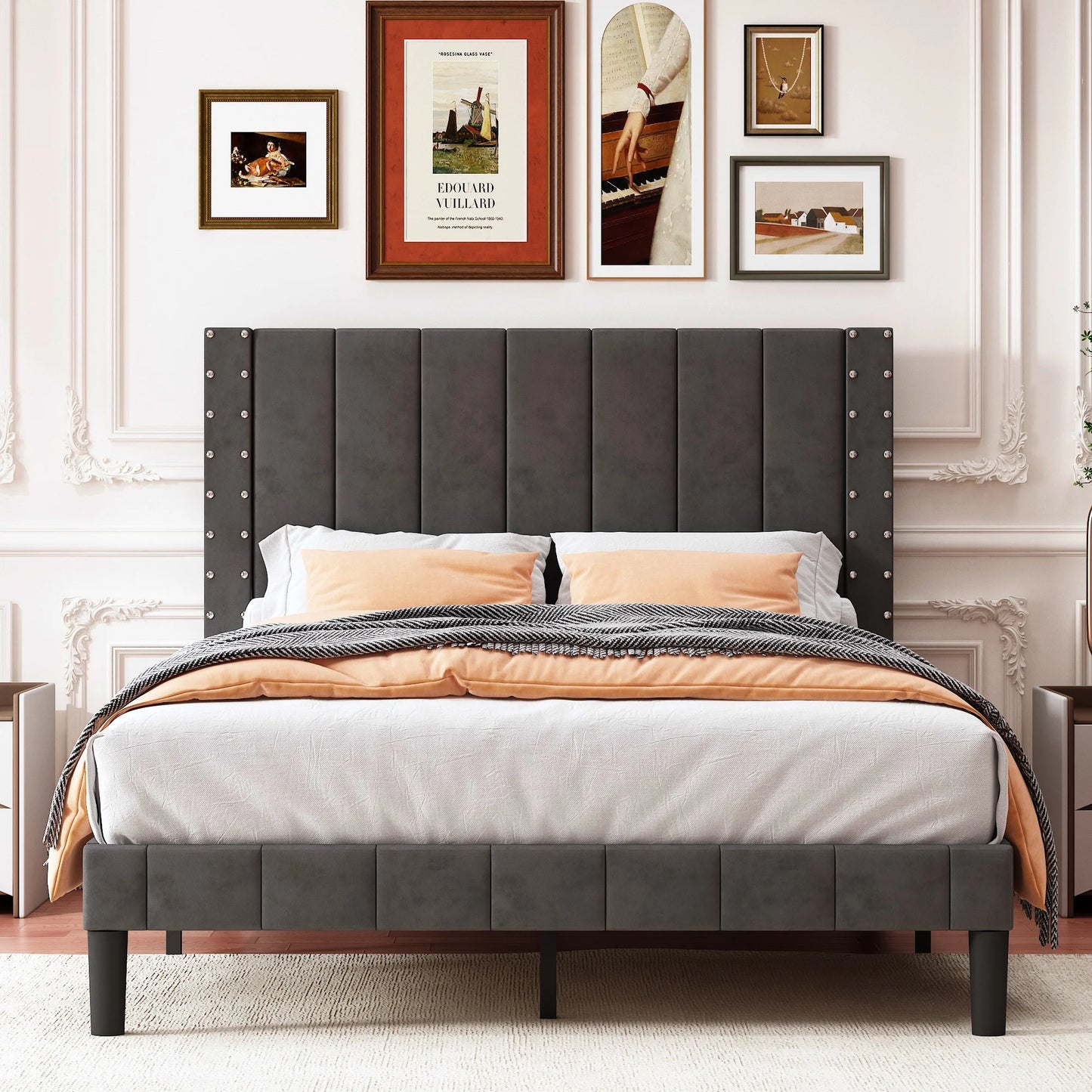 Sesslife Black Platform Bed Frame, Queen Bed Frame with Velvet Upholstered Headboard, Queen Floor Bed Frame, Mattress Foundation, No Box Spring Needed, Easy Assembly