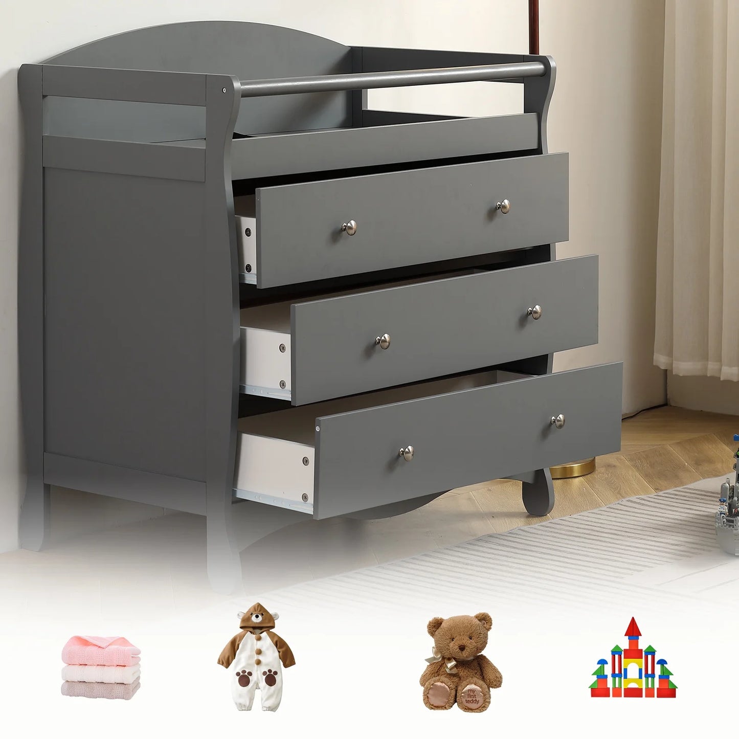 Sesslife Infant Changing Station with 3 Drawers, Baby Dresser With Changing Table Top for Nursery, Easy Assembly (White)