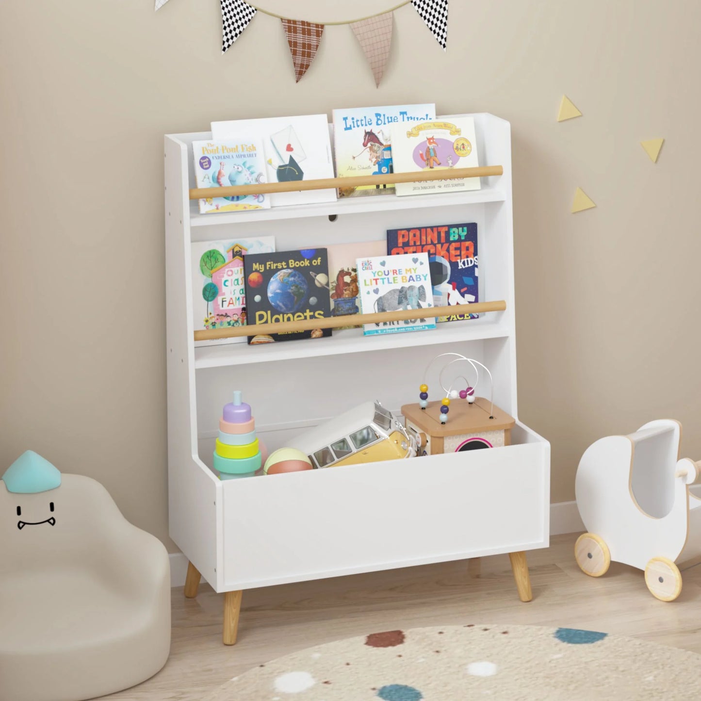 Sesslife Kids Bookcase with Storage for Kids Room, Wooden Kids Bookshelf with 2-Tier Display Stand, Multi-functional Nursery Book Shelves with Storage Cabinet for Boys Girls, White
