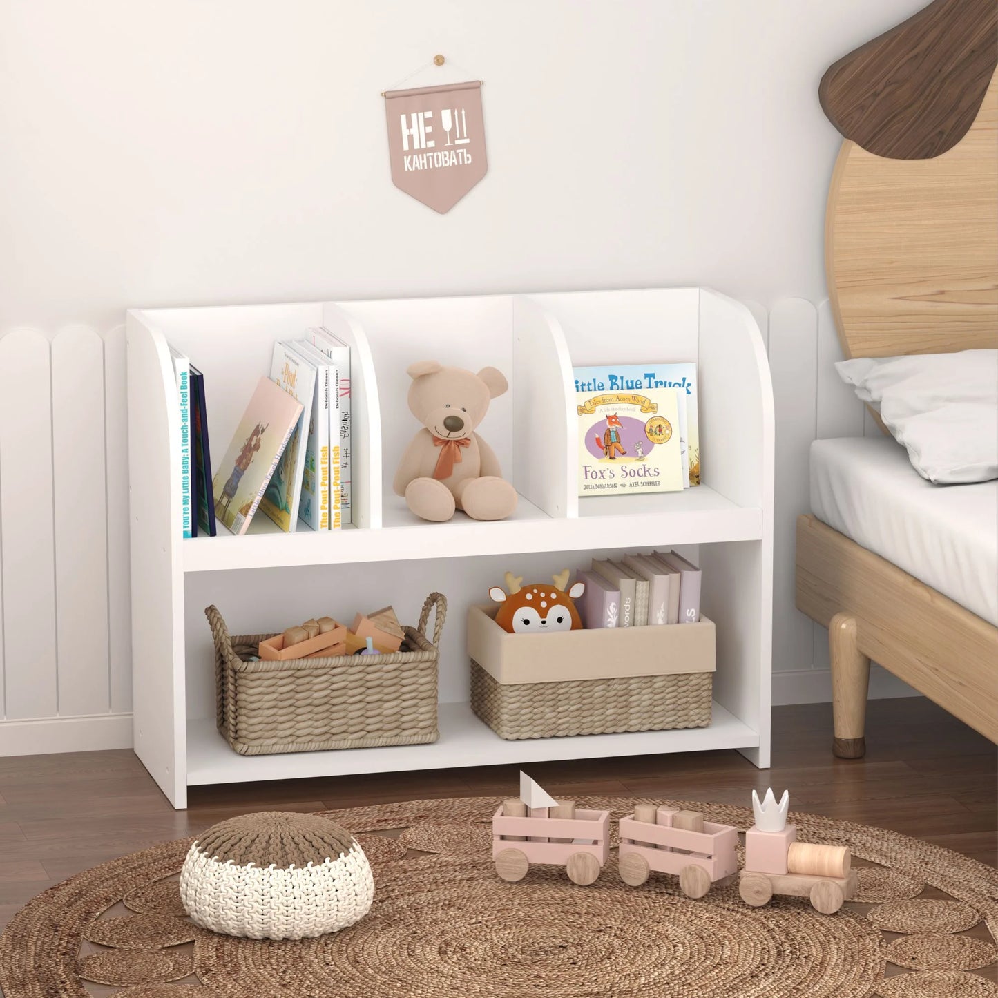 Sesslife Kids Bookcase and Toy Storage, Nursery Book Shelves with 4 Compartments, Cute Kids Book Rack with Display Stands, Multi-functional Toy Organizers and Storage for Boys Girls, White
