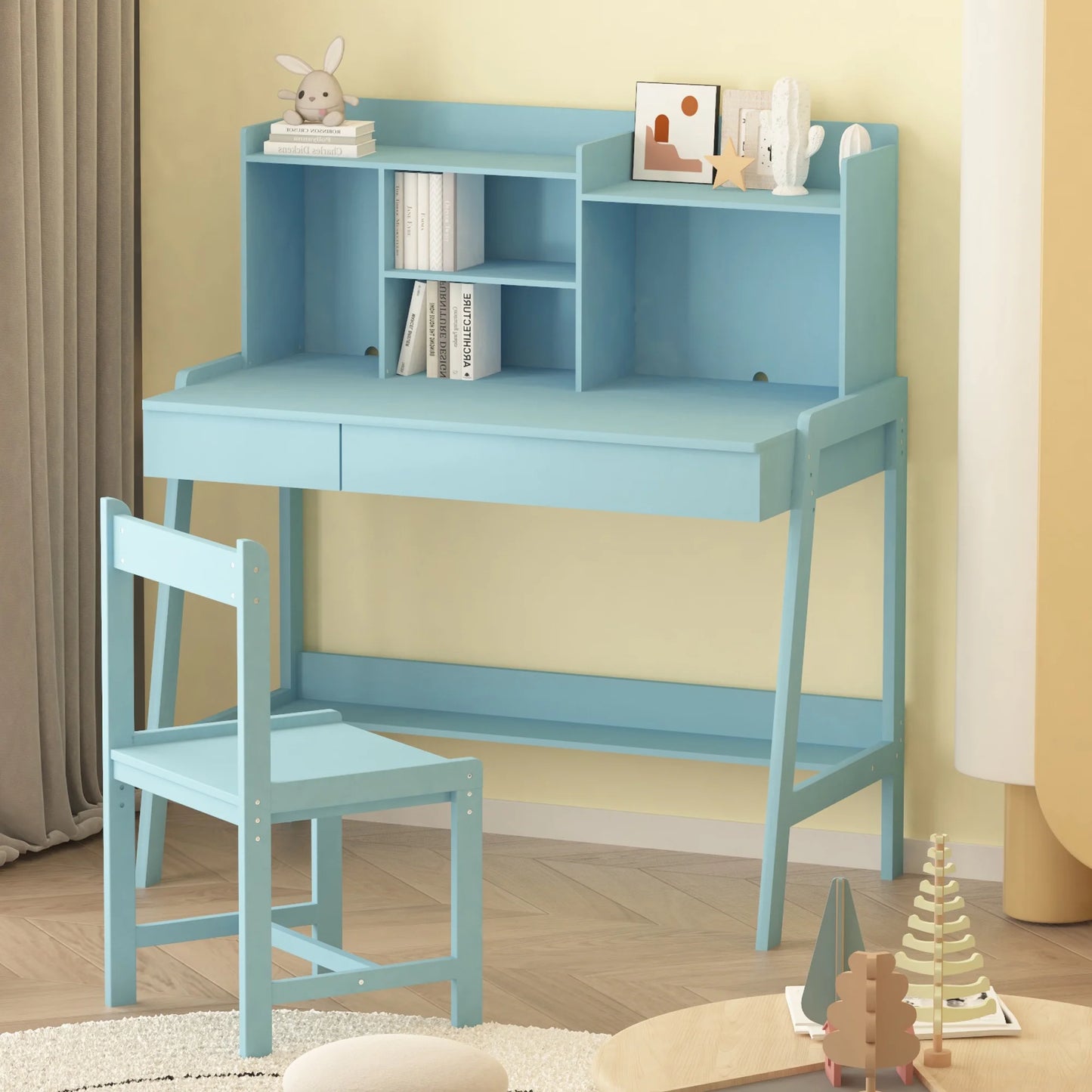 Sesslife Kids Table and Chair Set with Storage, Wood Study Desk and Chair Set with Open Shelves & 2 Drawers for Kids, Learning Table and Chair Set with Height-adjustable Design for Kids Room, White