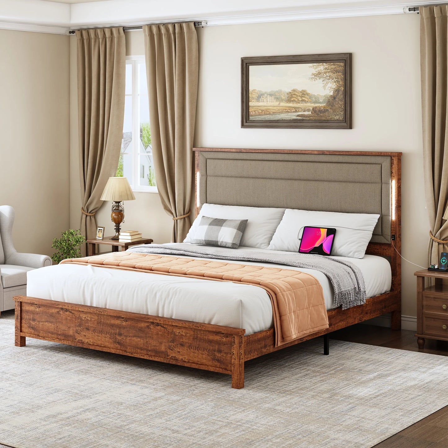 Sesslife Queen Bed Frame with Smart LED light bar, Modern Platform Bed with Charging Station and Upholstered headboard, LED Bed Frame with Large Underbed Storage, No Box Spring Needed, Brown