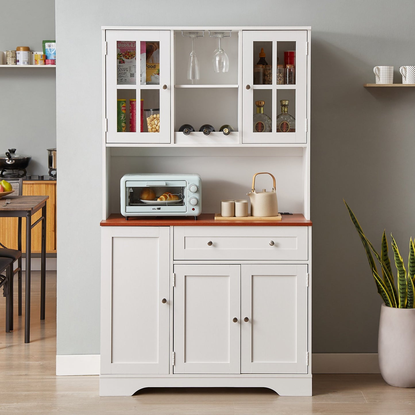 Sesslife Kitchen Pantry Storage Cabinet with Charging Station and Wine Rack, Farmhouse Buffet Cupboards Sideboard with 5 Doors and 1 Drawer, Large Freestanding Hutch for Kitchen Living Room, White