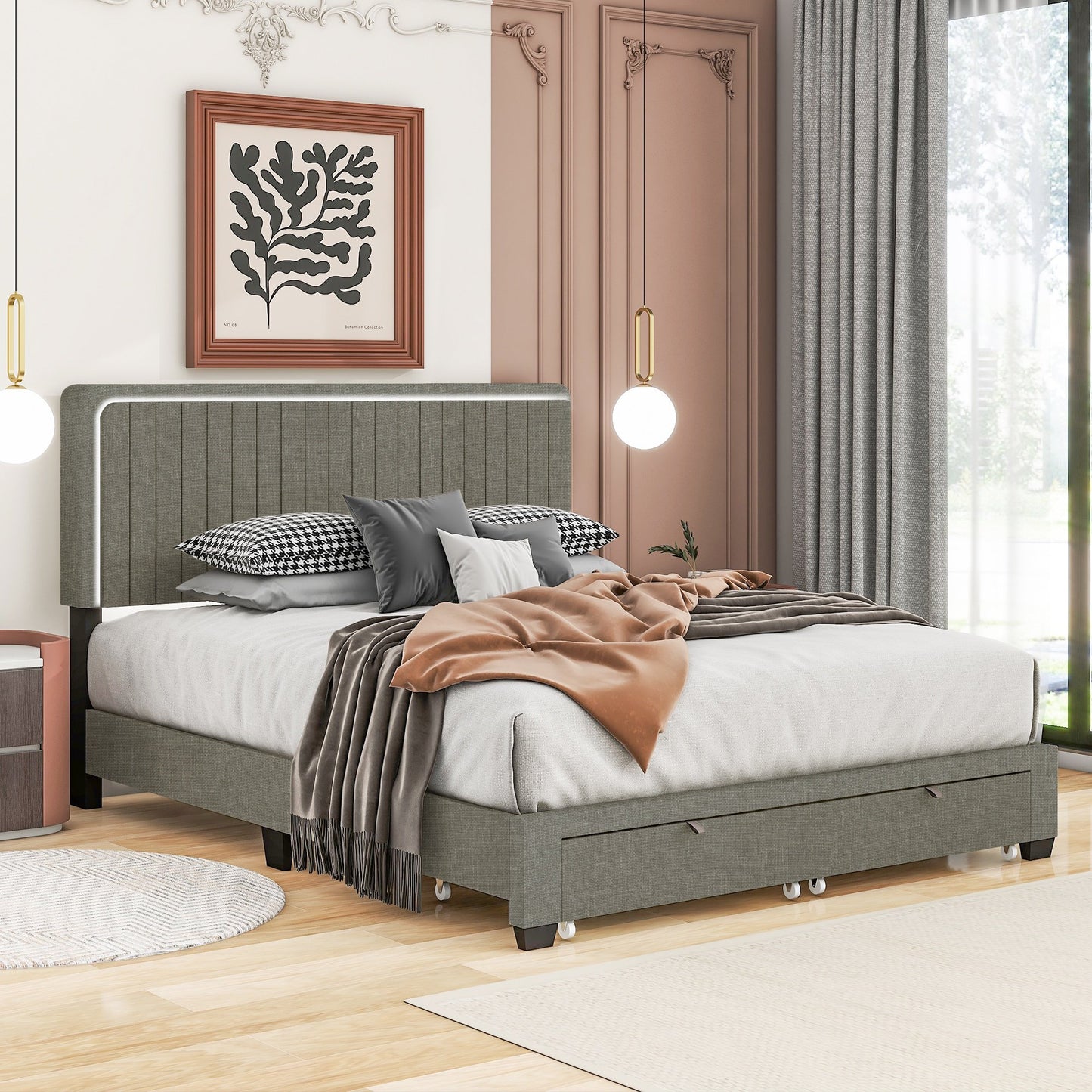 Sesslife LED Bed Frame Queen Size with Motion Sensor Light, Modern Platform Bed with Linen Fabric Adjustable Upholstered Headboard, Queen Bed with 2 Storage Drawers, No Box Spring Needed, Beige