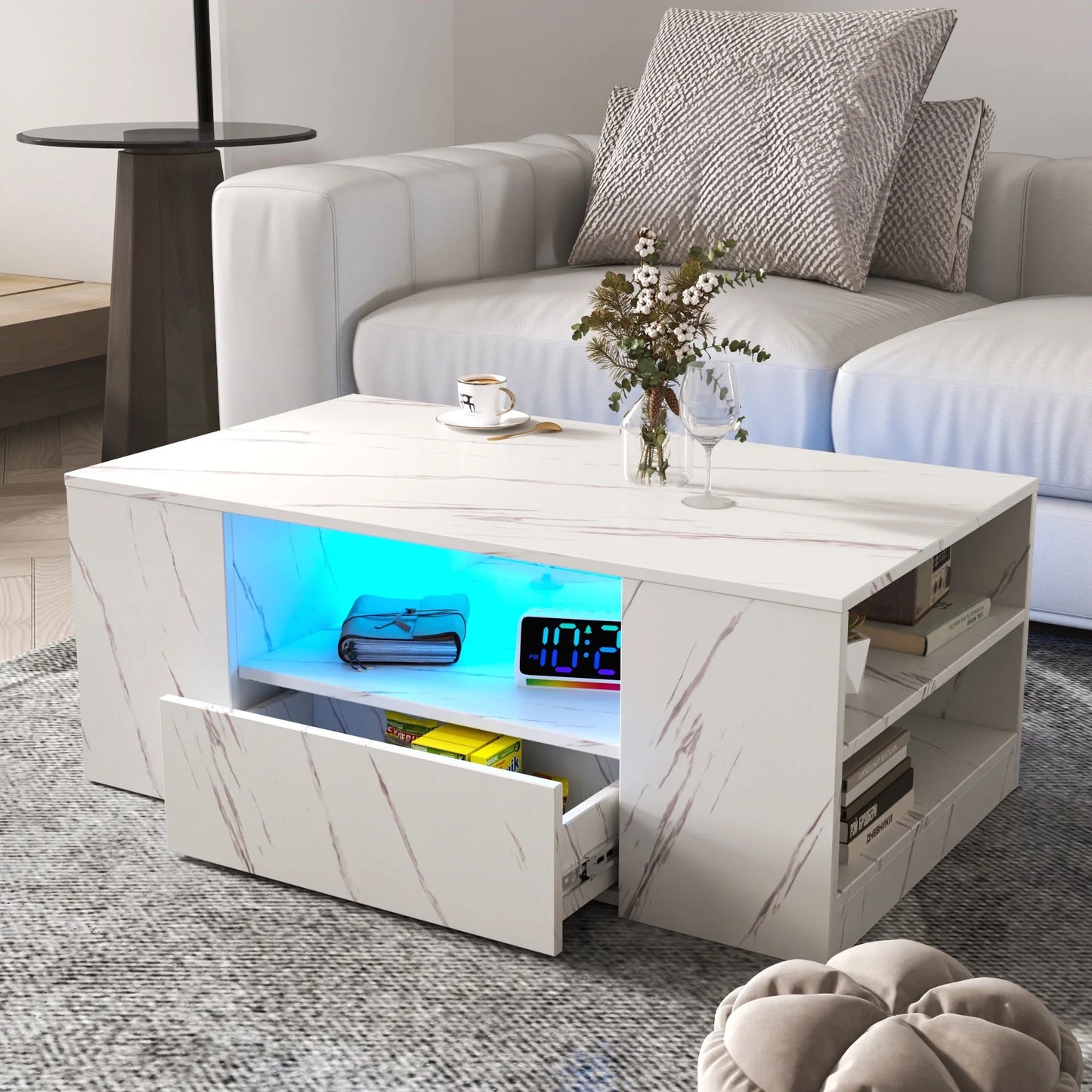Sesslife LED Coffee Table with 2 Drawers for Living Room Bedroom, Modern High Gloss White Coffee Table with Open Storage Shelves, Wood Rectangle Center Table, 20 Lighting Modes, Easy Assembly