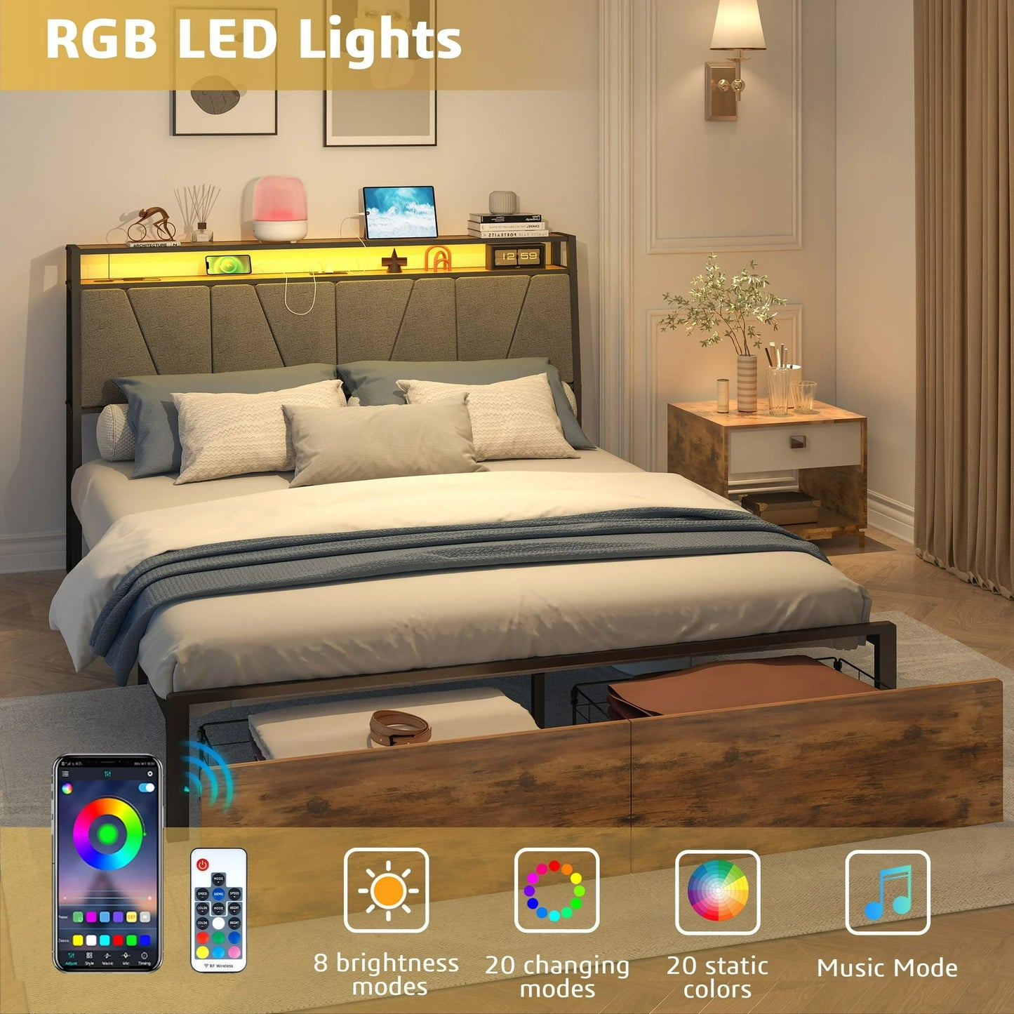 Sesslife Queen Bed Frame with Storage, Metal Platform Bed with Storage Headboard and 2 Storage Drawers, Modern Bed Frame with Power Charging Station and LED Light, No Box Spring Needed, Brown