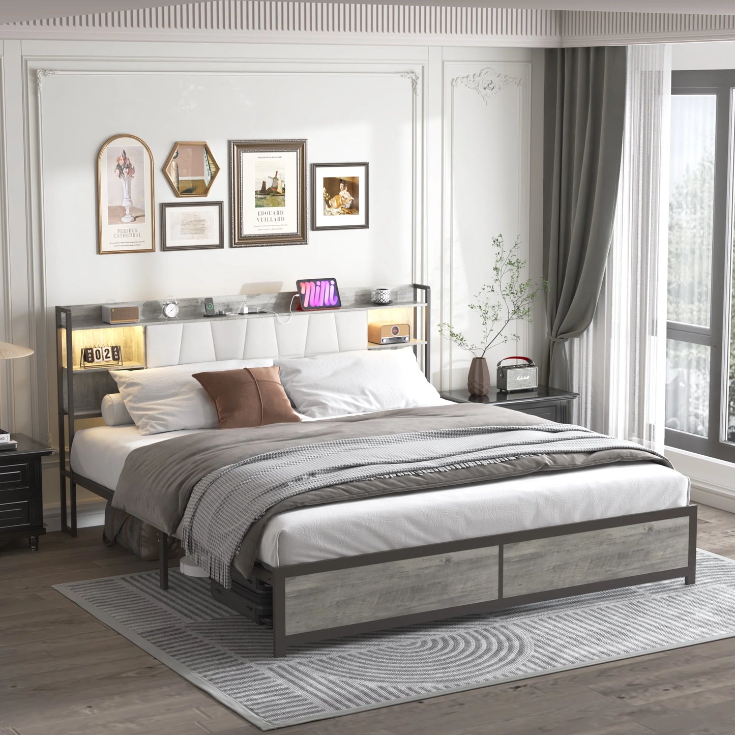 Sesslife LED Queen Bed Frame with 3-Tier Upholstered Storage Headboard, Heavy Duty Platform Bed with Charging Station and Large Underbed Storage, Strong Metal Slats Support No Box Spring Needed, Oak