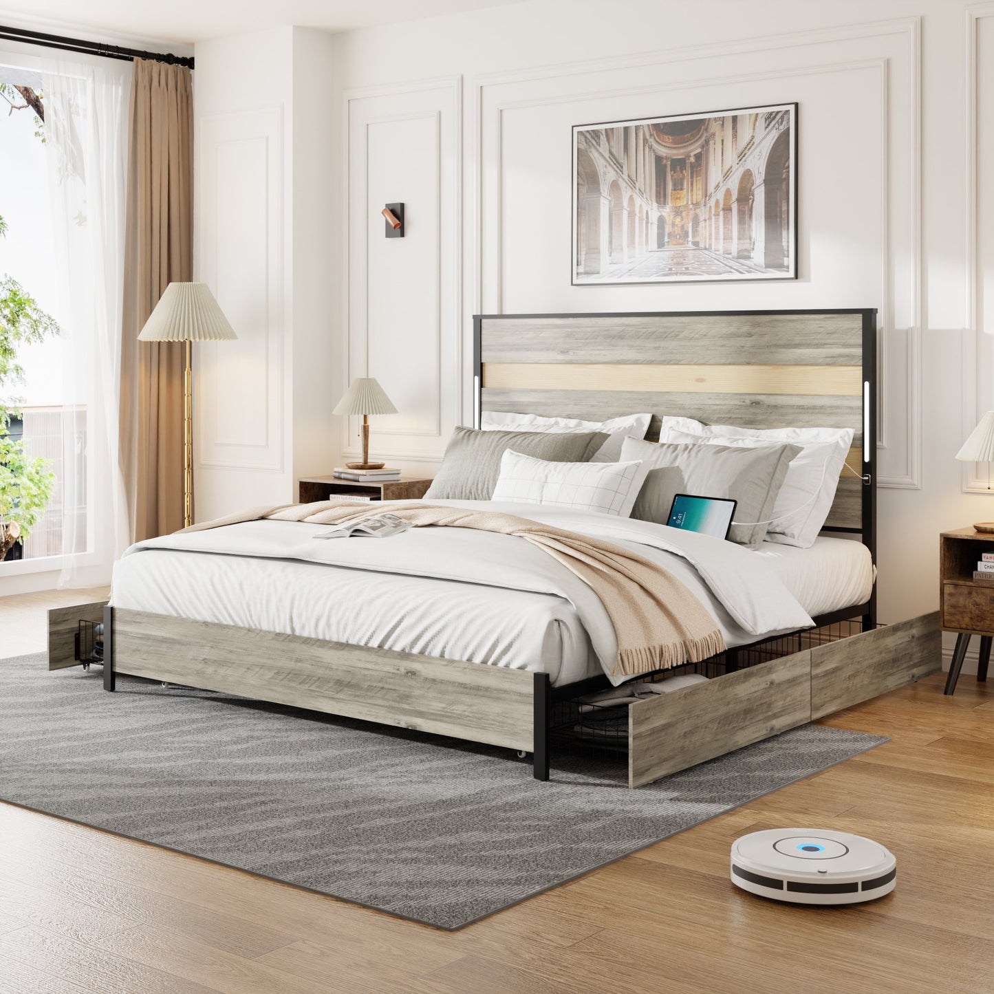 Sesslife LED Queen Bed Frame with 4 Storage Drawers, Platform Bed with Headboard and Charging Station, Wood Bed Frame with Smart LED Light Bar, Strong Wood Slats Support, No Spring Box Needed, Gray