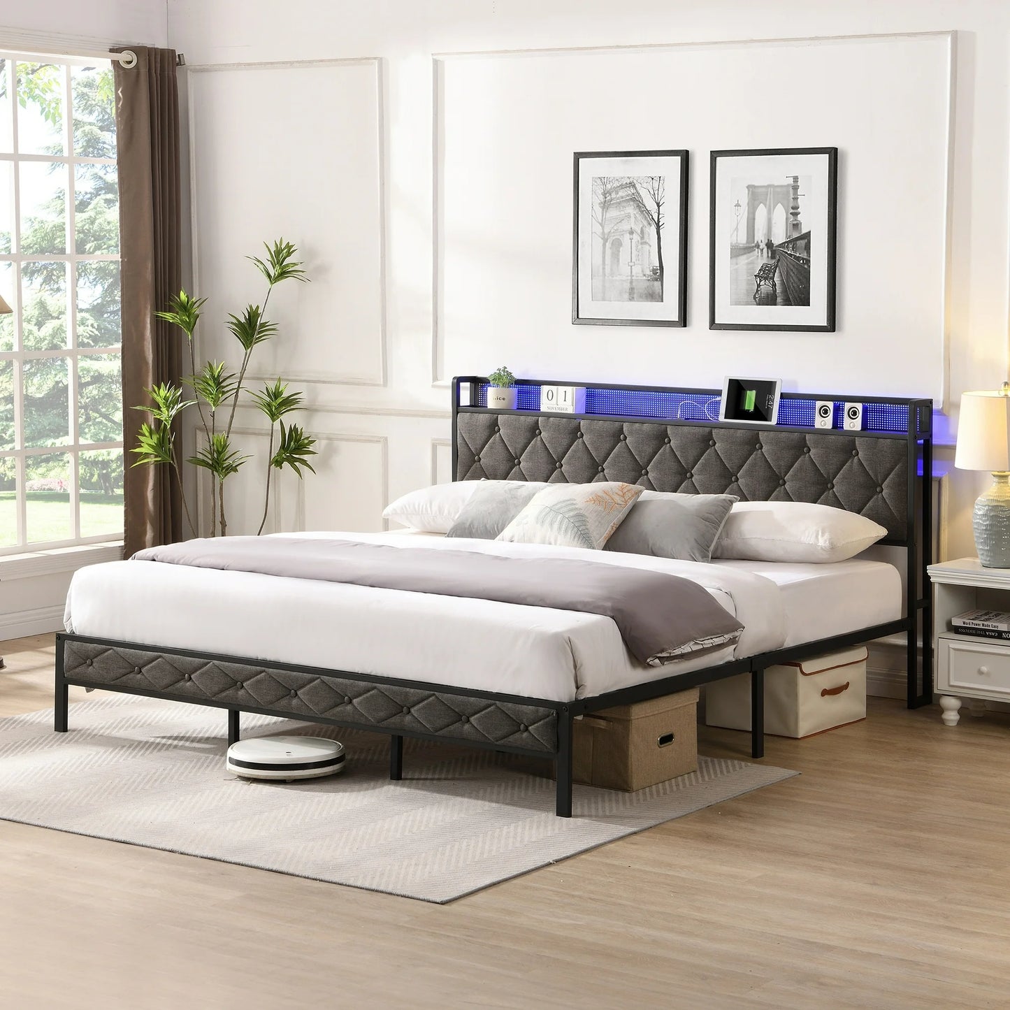 Sesslife LED Full Bed Frame with Storage Headboard, Upholstered Platform Bed with Power Charging Station, and LED Light, Full Bed Frame with Underbed Storage, No Box Spring Needed, Gray