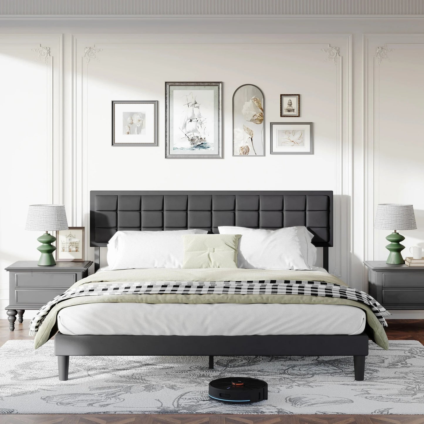 Sesslife King Size Bed Frame with Adjustable Fabric Upholstered Headboard, Wood Platform Bed with Sturdy Slats Support, Under Bed Storage, Noise Free, Easy Assembly, No Box Spring Needed, Dark Gray