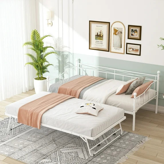 Sesslife Metal Daybed with Adjustable Trundle, Twin Size Daybed with Twin Size Pop Up Trundle Bed, Heavy-Duty Sofa with Portable Folding Trundle Bed for Bedroom Living Room (Black)